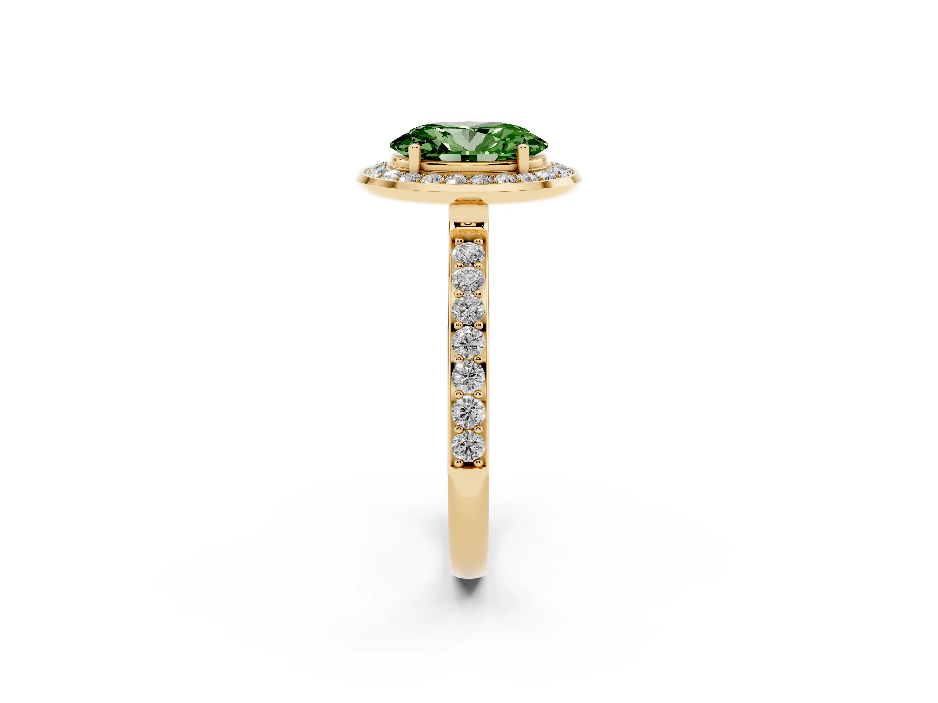 Fancy Green Oval Cut Diamond Halo Ring Set in Yellow gold with Bezel Frame and Pavé Band
