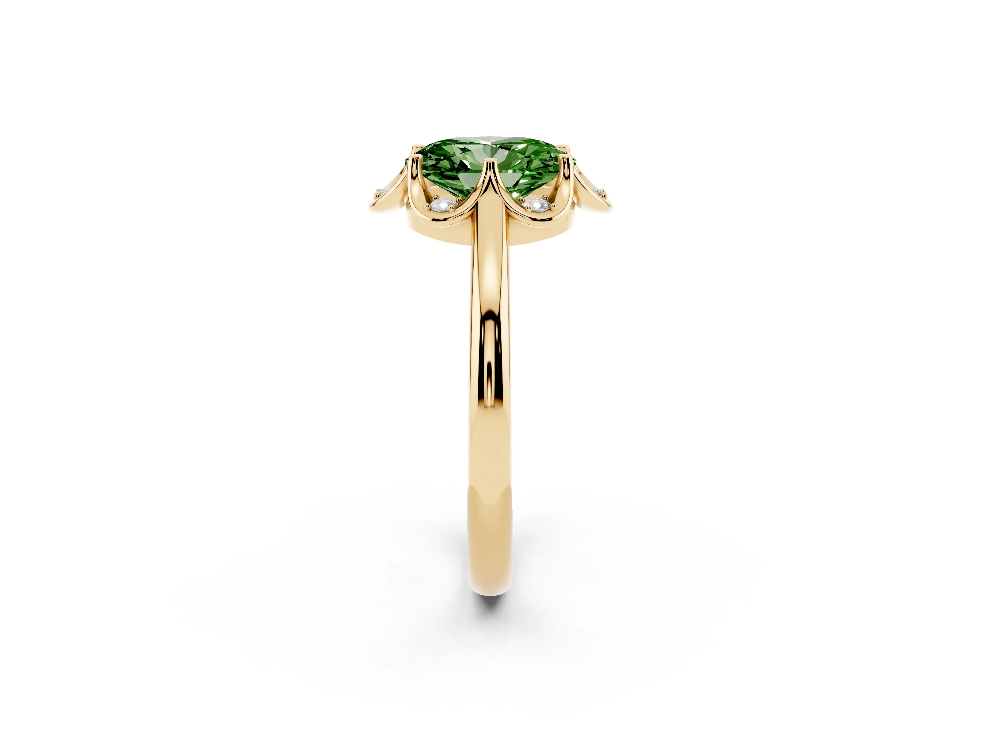 Fancy Green Oval Cut Diamond Round Cluster Halo Ring Set in Yellow gold with Solitaire Band and Prong Setting