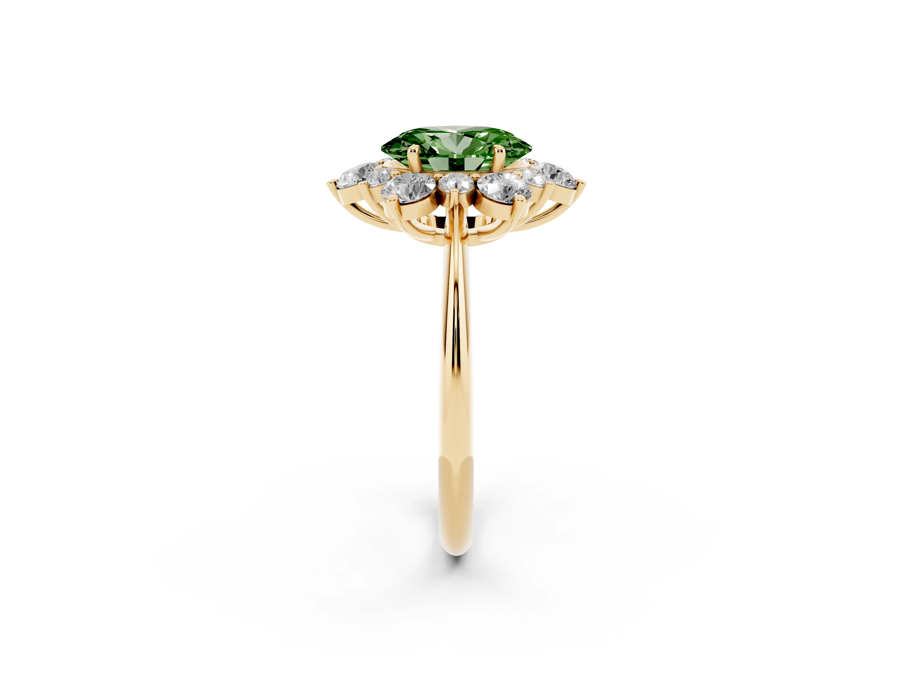 Fancy Green Oval Cut Diamond Cluster Halo Ring Set in Yellow gold with Solitaire Band and Prong Setting