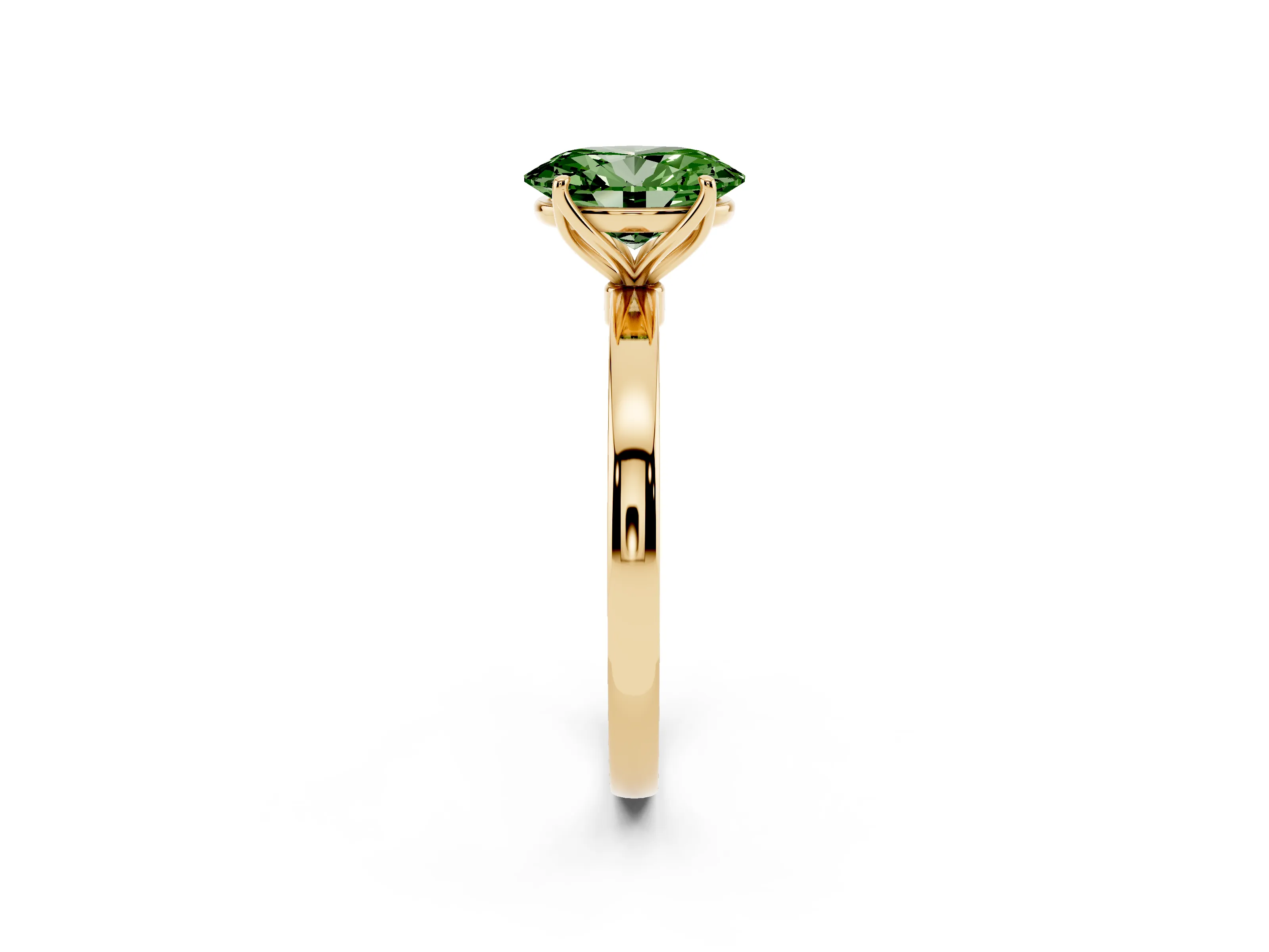 Fancy Green Oval Cut Diamond Solitaire Ring Set in Yellow gold with Prong Setting and Thin Polished Band