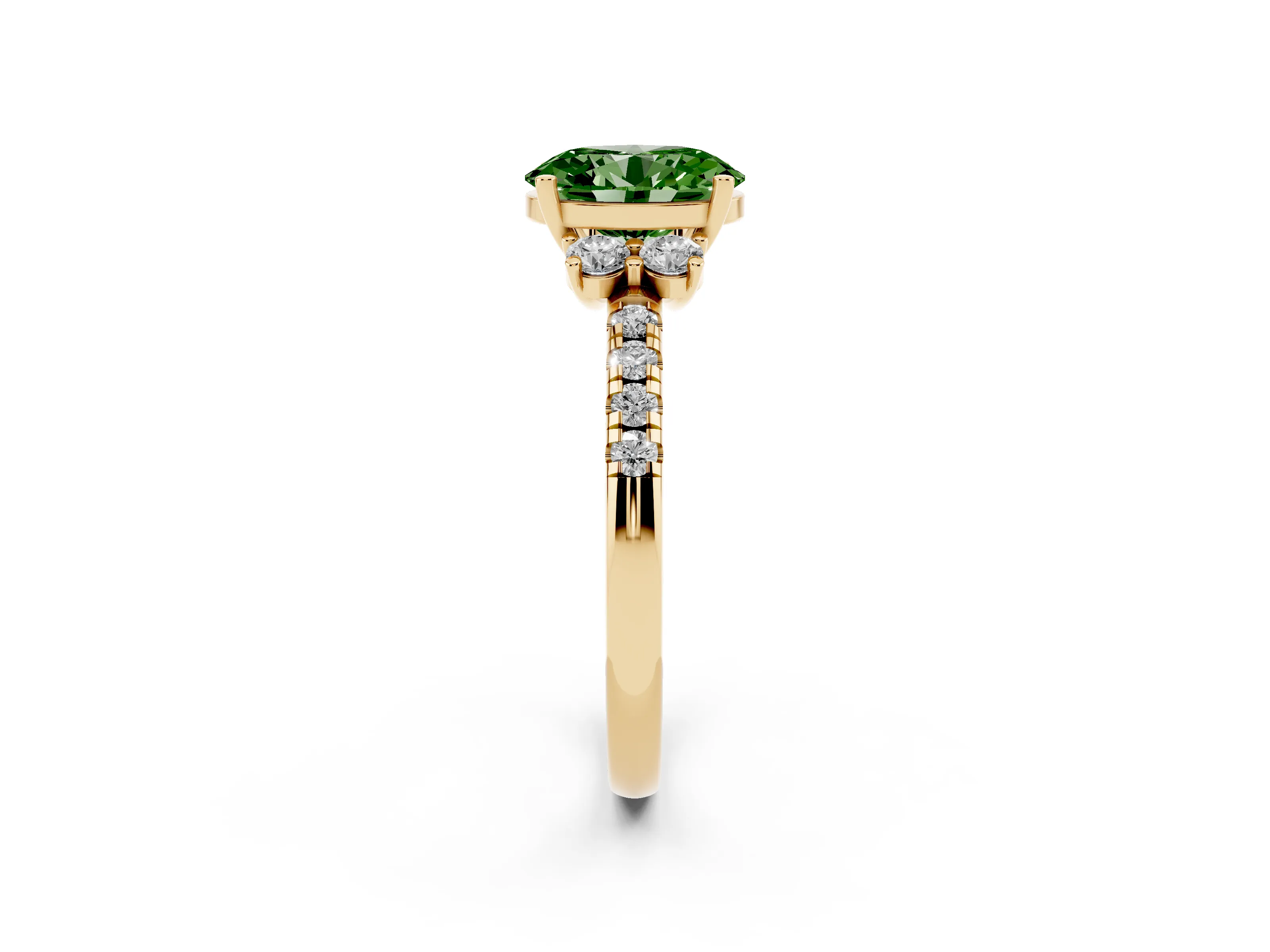 Fancy Green Oval Cut Diamond Three-Stone Pavé Ring Set in Yellow gold with Prong Setting