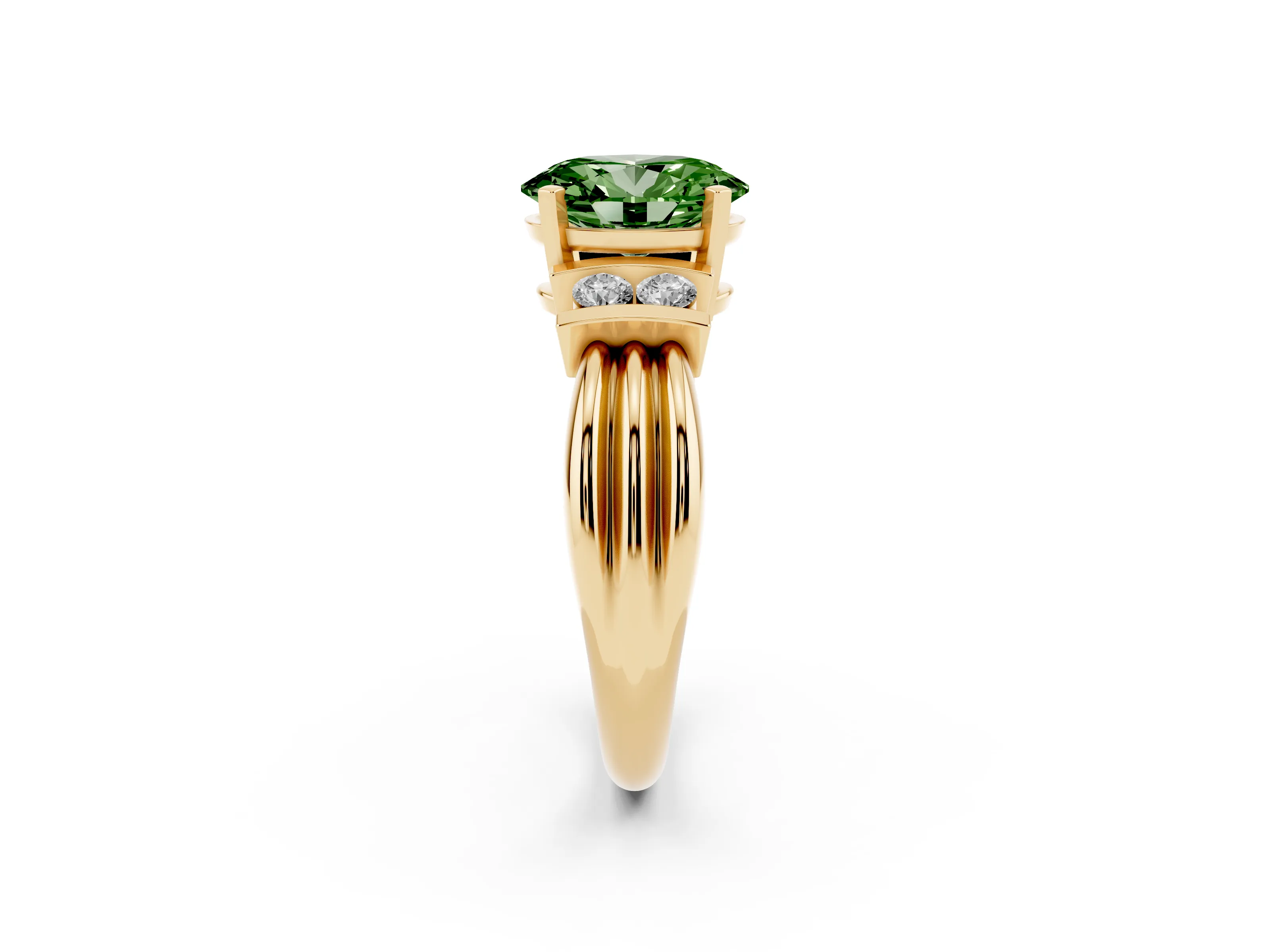 Fancy Green Three-Stone Oval Cut Diamond Channel Set Ring Set in Yellow gold with Bar Prongs