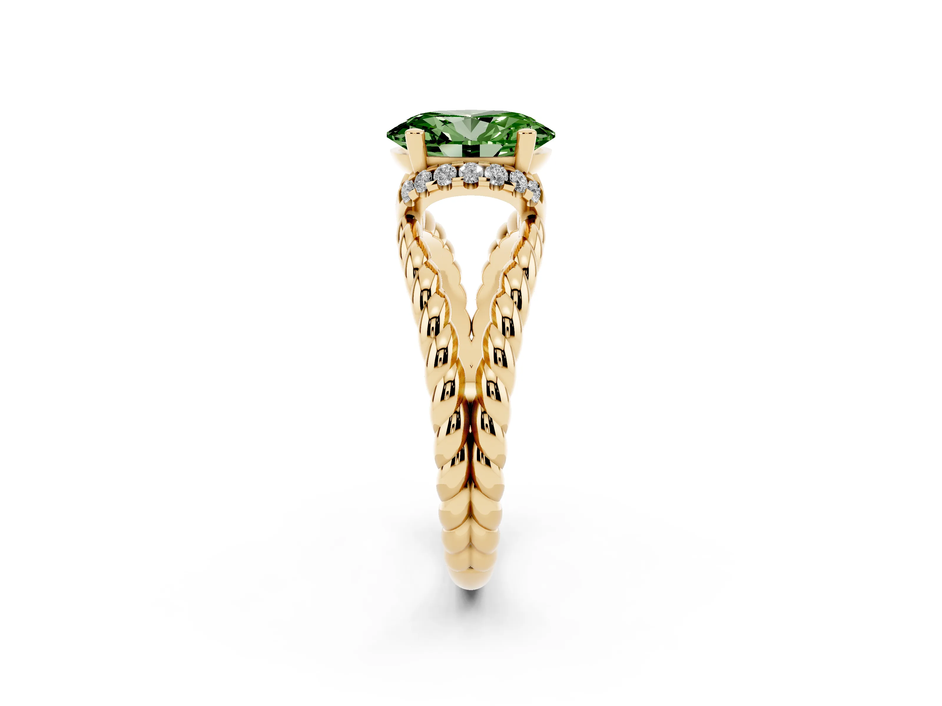 Fancy Green Oval Cut Diamond Halo Ring Set in Yellow gold with Twisted Band and Prong Setting