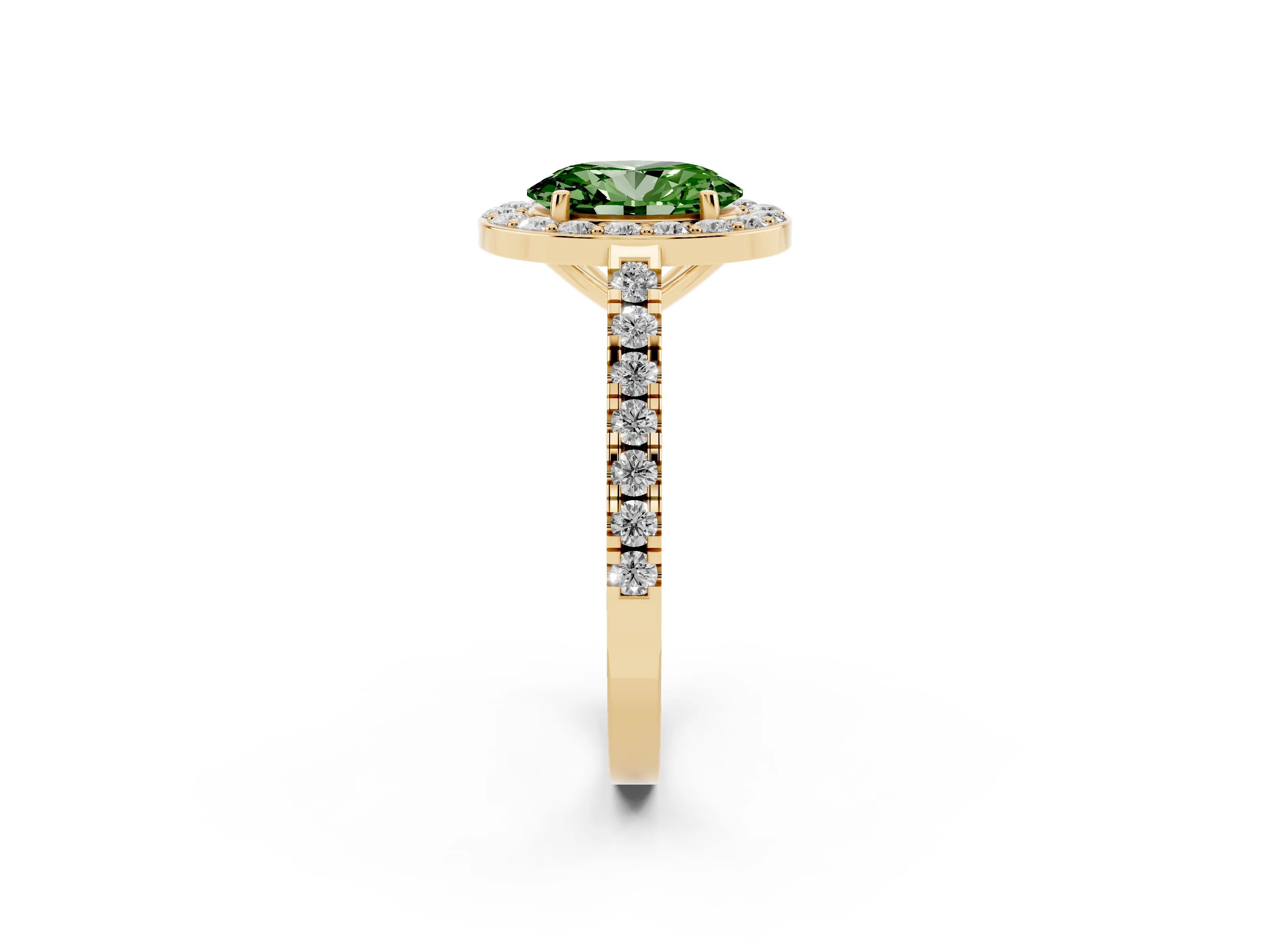 Fancy Green Oval Cut Diamond Halo Ring Set in Yellow gold with Round Pavé Split Shank and Prong Setting