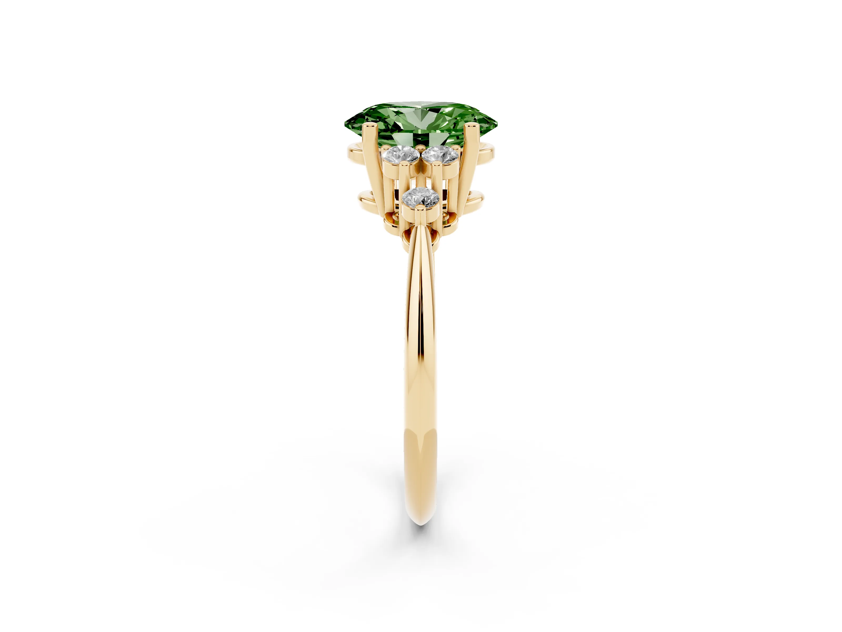 Fancy Green Oval Cut Diamond Cluster Ring Set in Yellow gold with Plain Band and Prong Setting