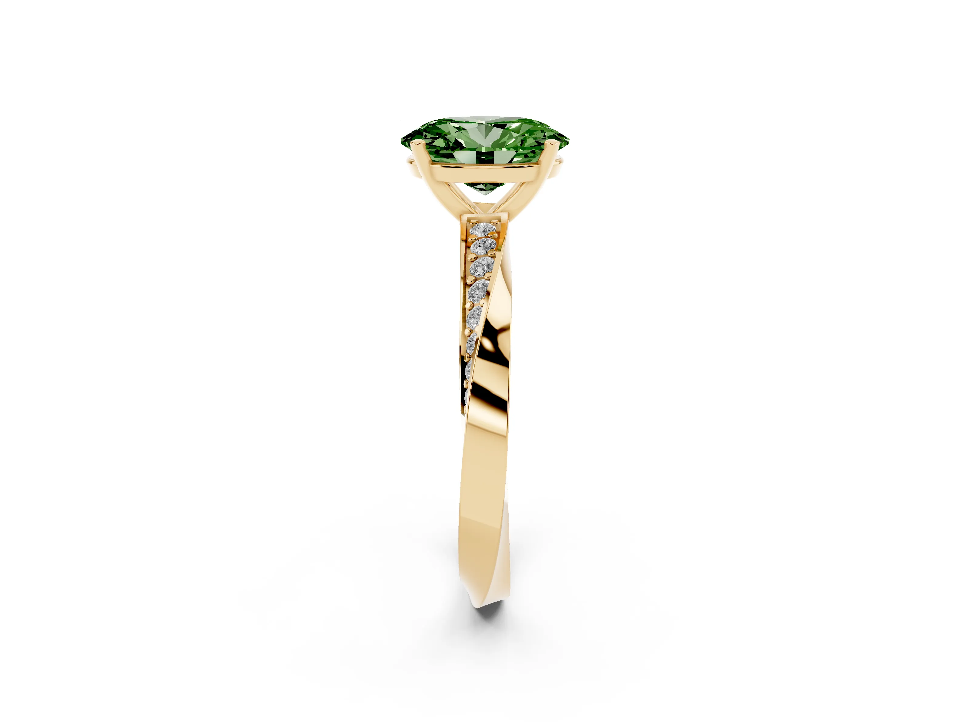 Fancy Green Oval Cut Diamond Engagement Ring Set in Yellow gold with Side Stone Accents and Prong Setting
