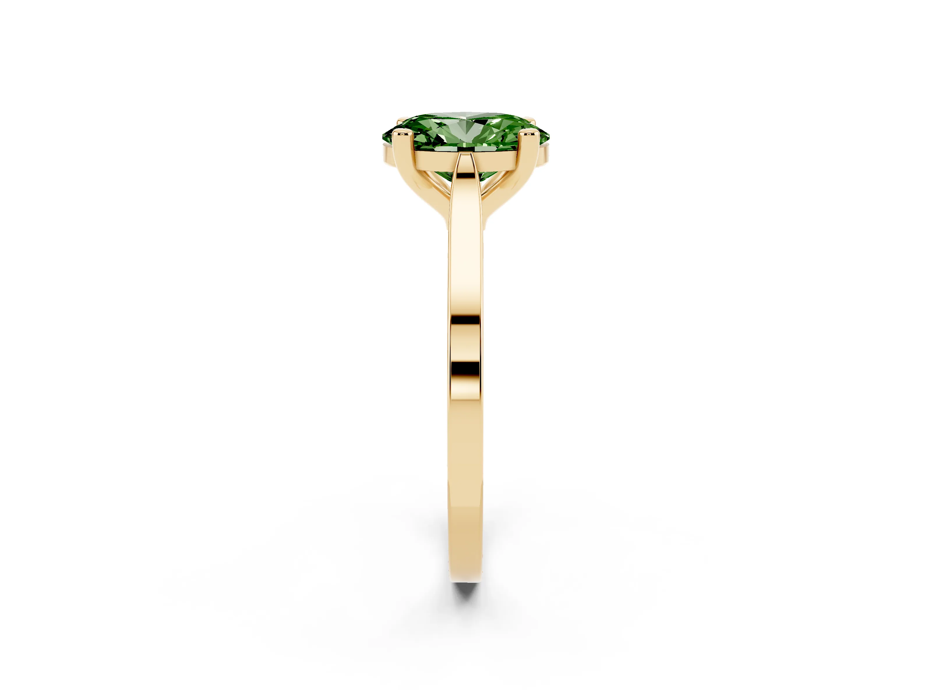 Fancy Green Oval Cut Diamond Solitaire Ring Set in Yellow gold with Prong Setting and Tapered Band