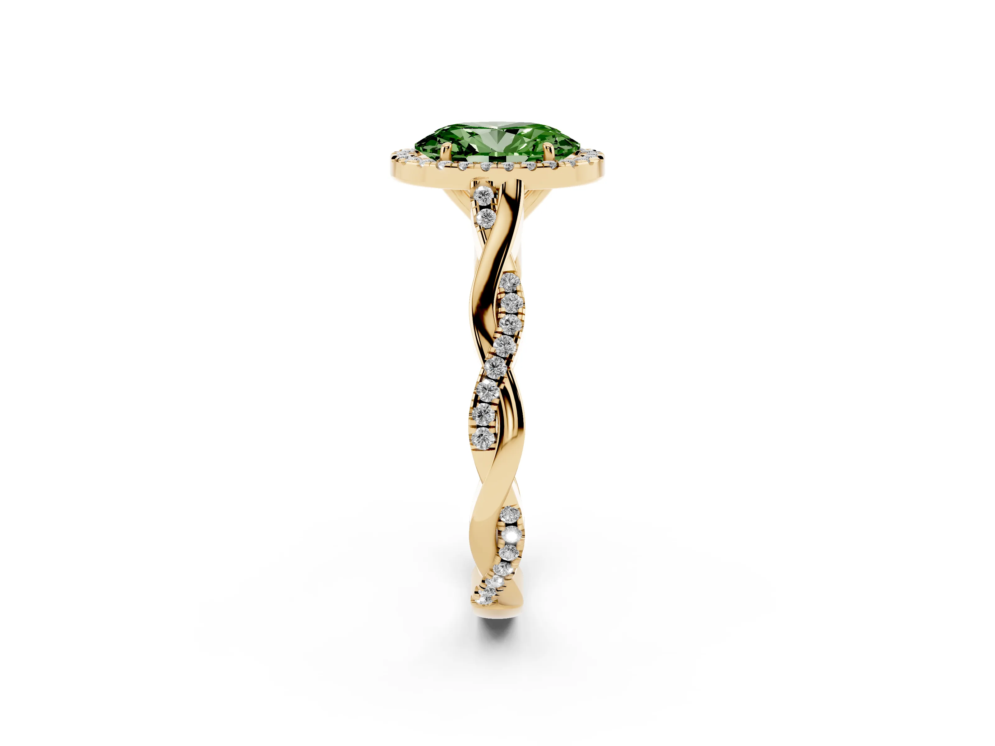 Fancy Green Oval Cut Diamond Halo Twist Band Solitaire Ring Set in Yellow gold with Prong Setting