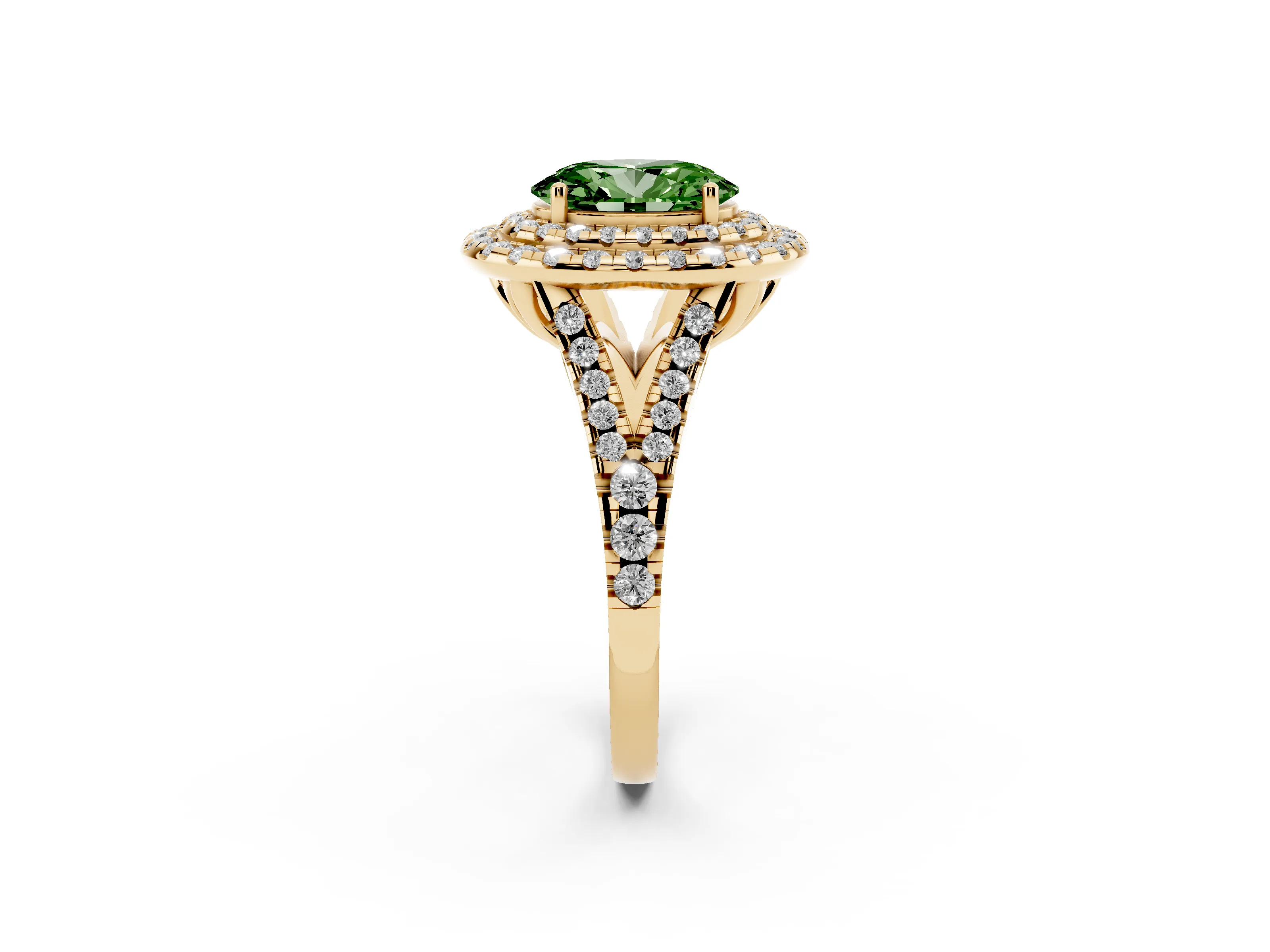 Fancy Green Oval Cut Diamond Double Halo Ring Set in Yellow gold with Pavé Split Shank and Prong Setting