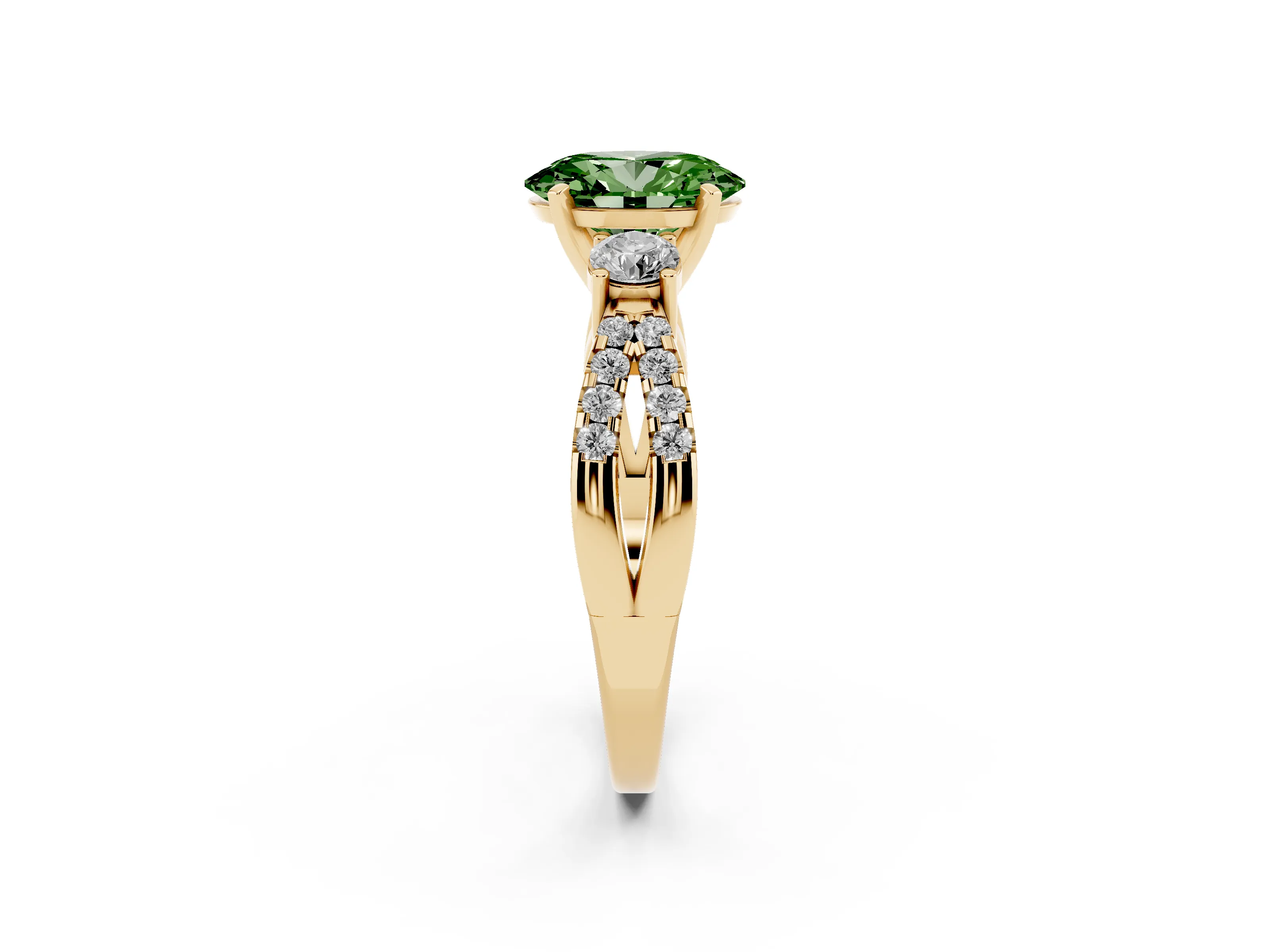Fancy Green Oval Cut Diamond Three-Stone Ring Set in Yellow gold with Pavé Split Shank and Prong Setting