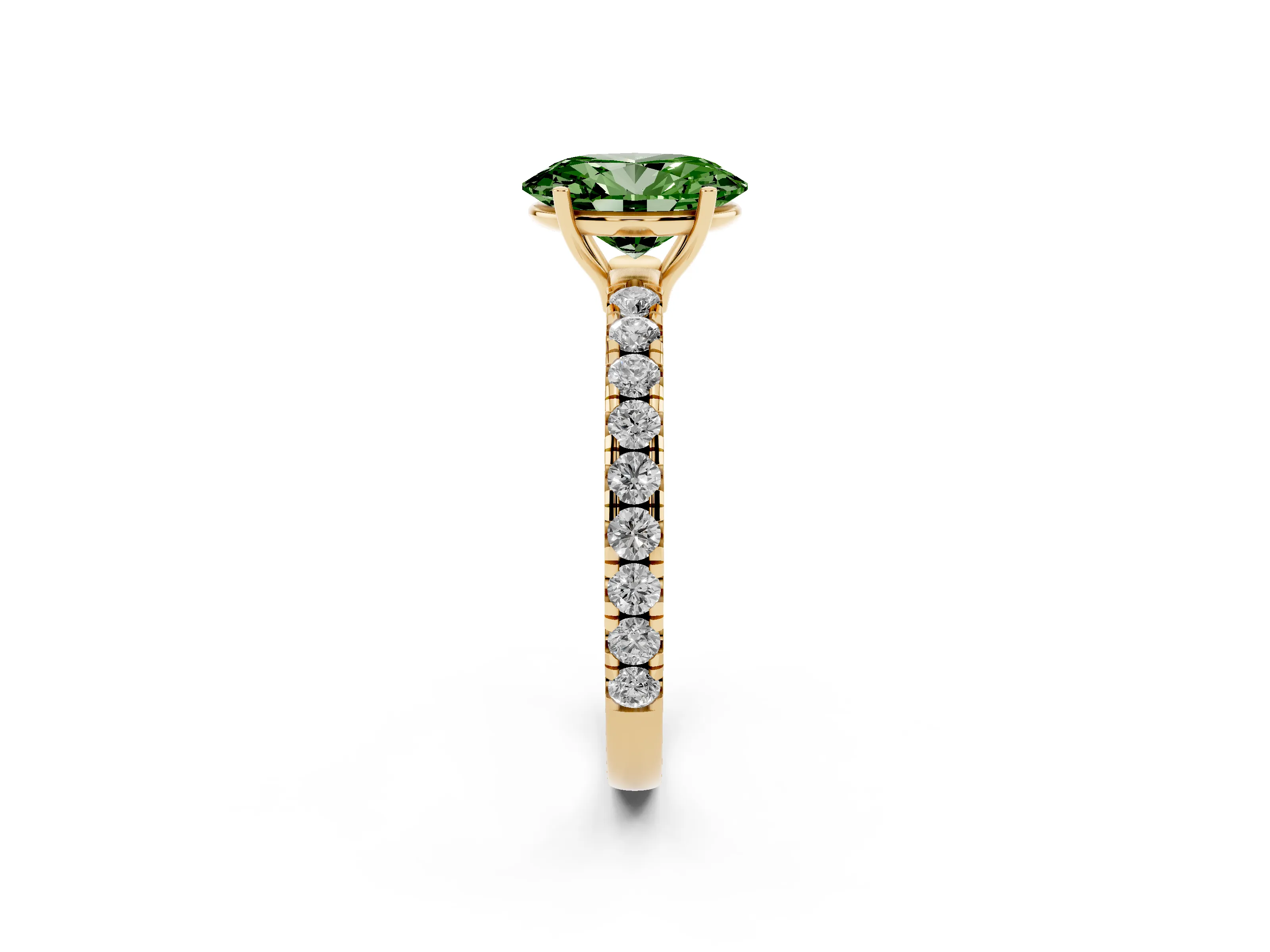 Fancy Green Oval Cut Diamond Pavé Solitaire Engagement Ring Set in Yellow gold with Prong Setting