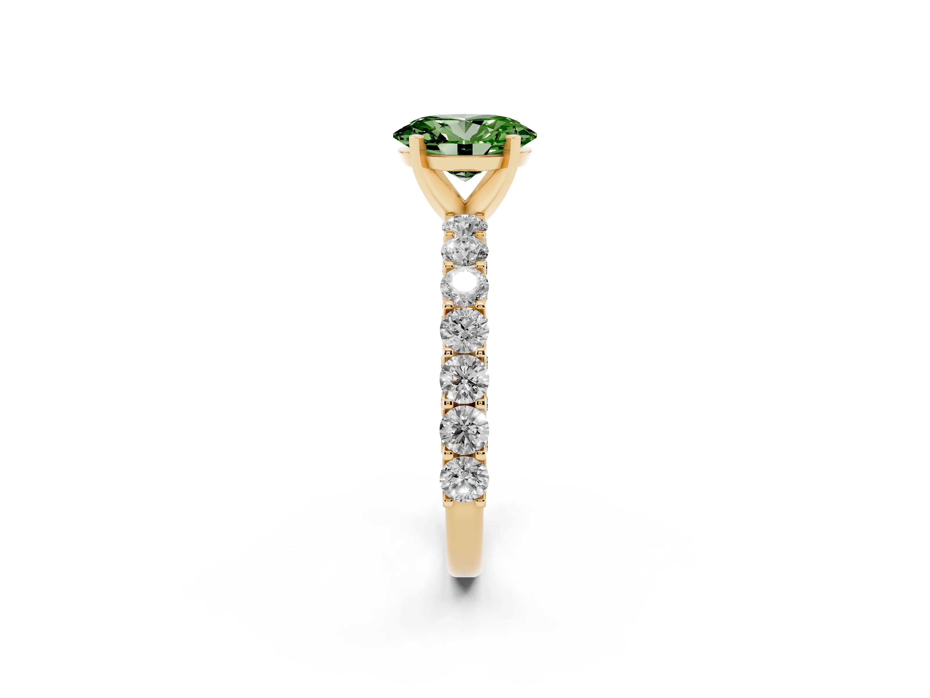 Fancy Green Oval Cut Diamond Solitaire Ring Set in Yellow gold with Shared Prong Pavé Band