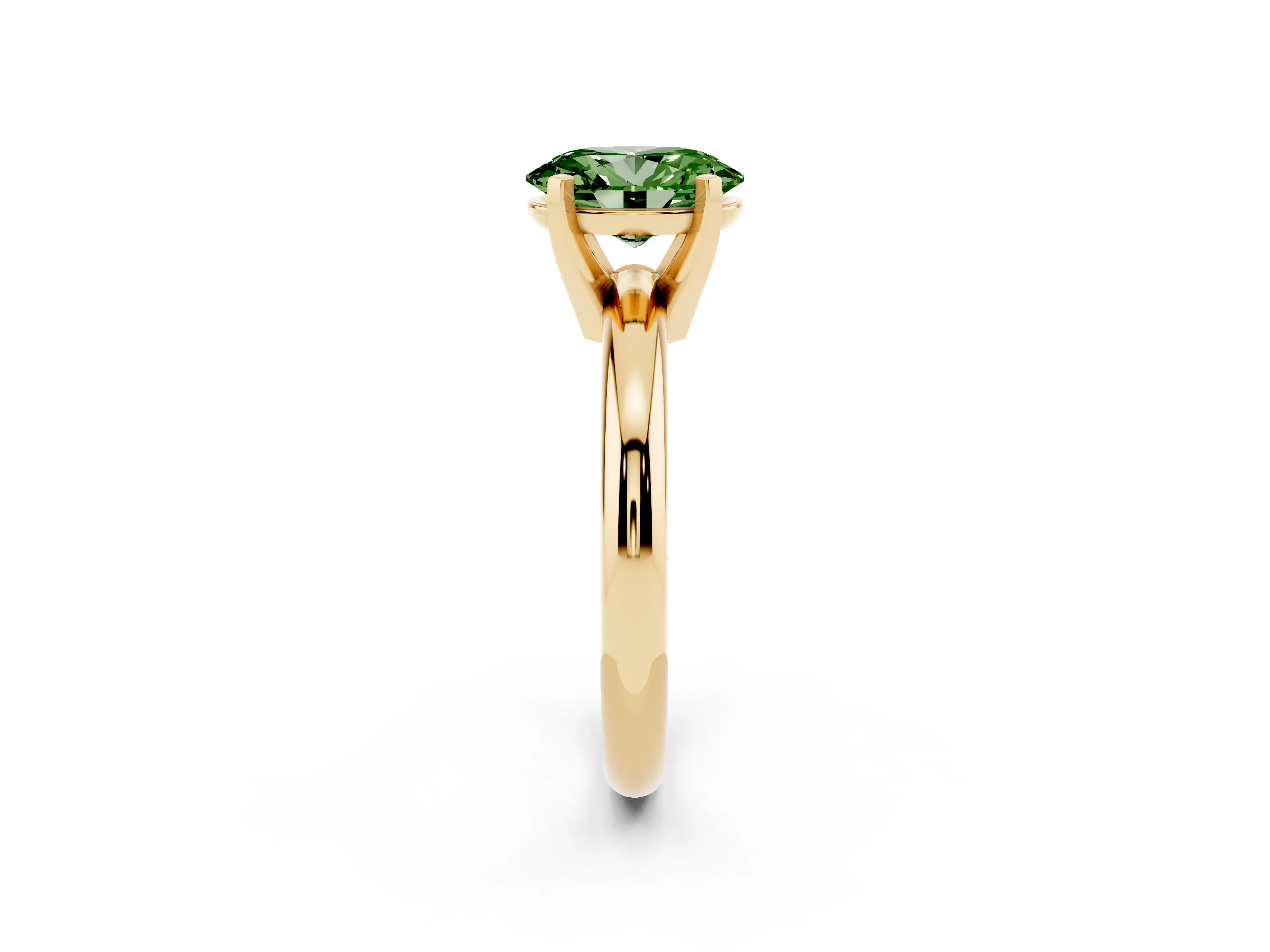 Fancy Green Oval Cut Diamond Solitaire Engagement Ring Set in Yellow gold with Round Band and Prong Setting