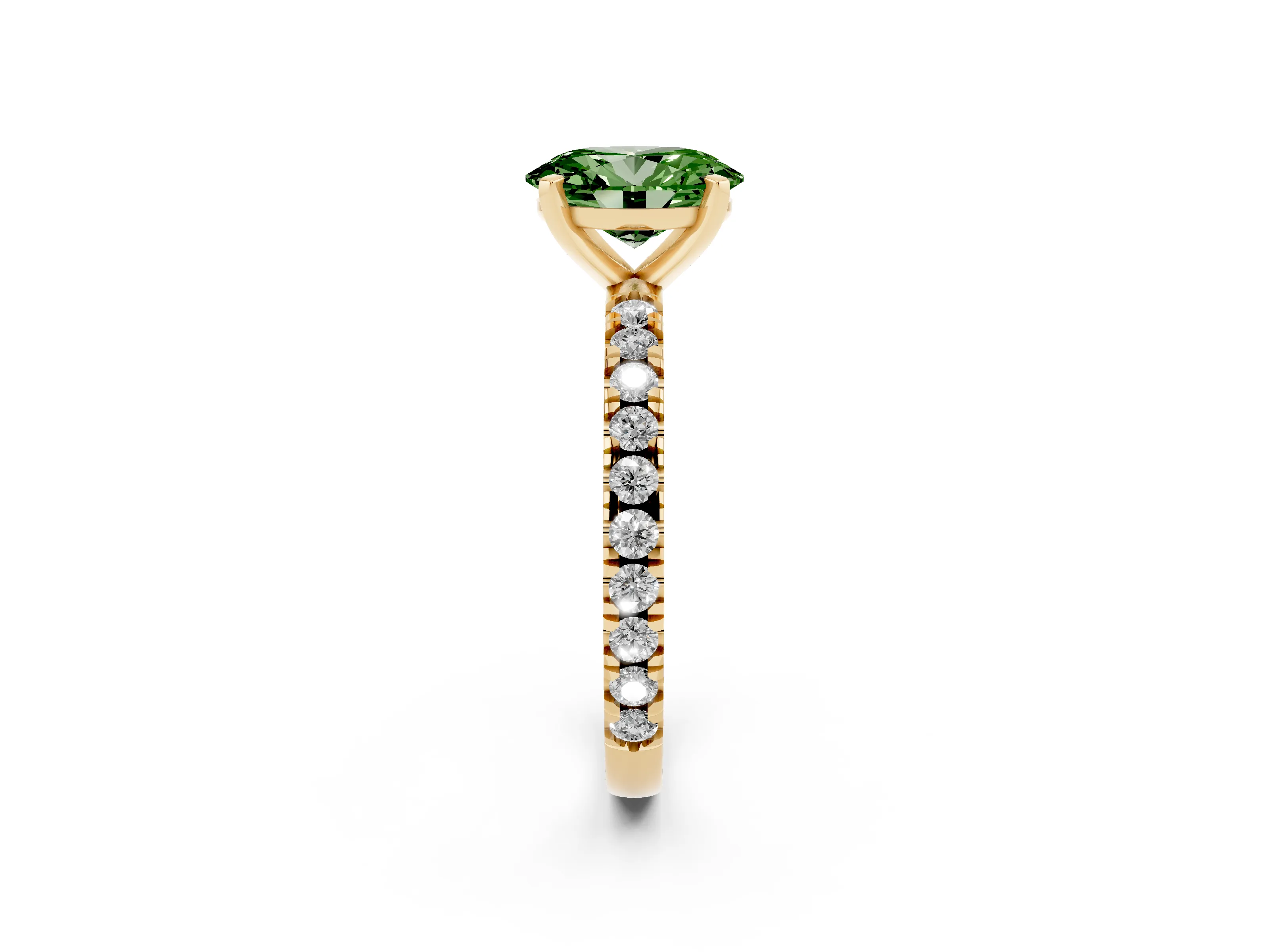 Fancy Green Oval Cut Diamond Pavé Band Solitaire Set in Yellow gold with Prong Setting