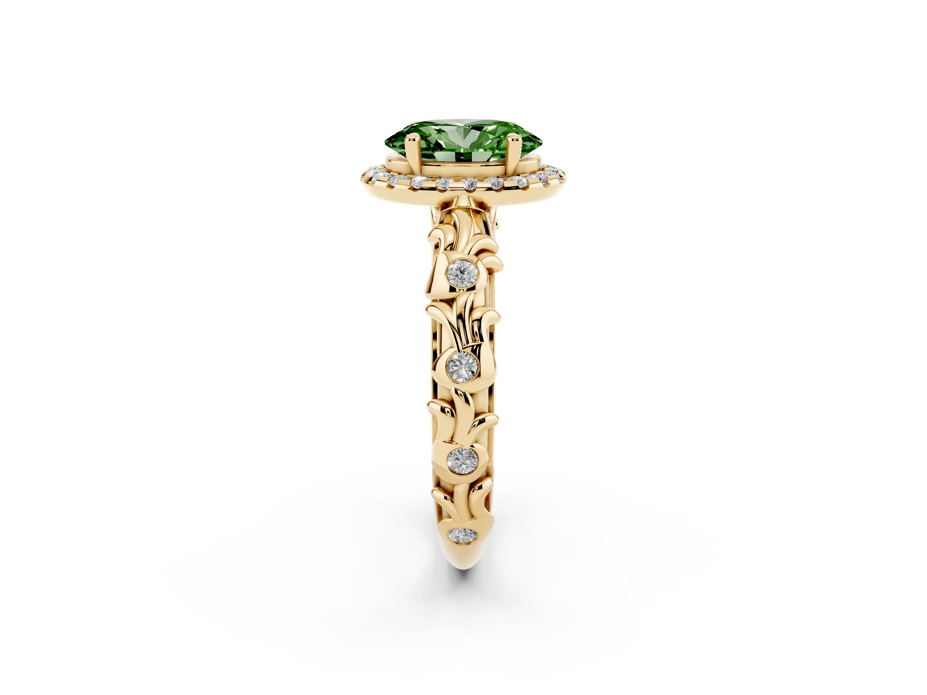 Fancy Green Oval Cut Diamond Halo Ring Set in Yellow gold with Filigree Leaf Band and Prong Setting