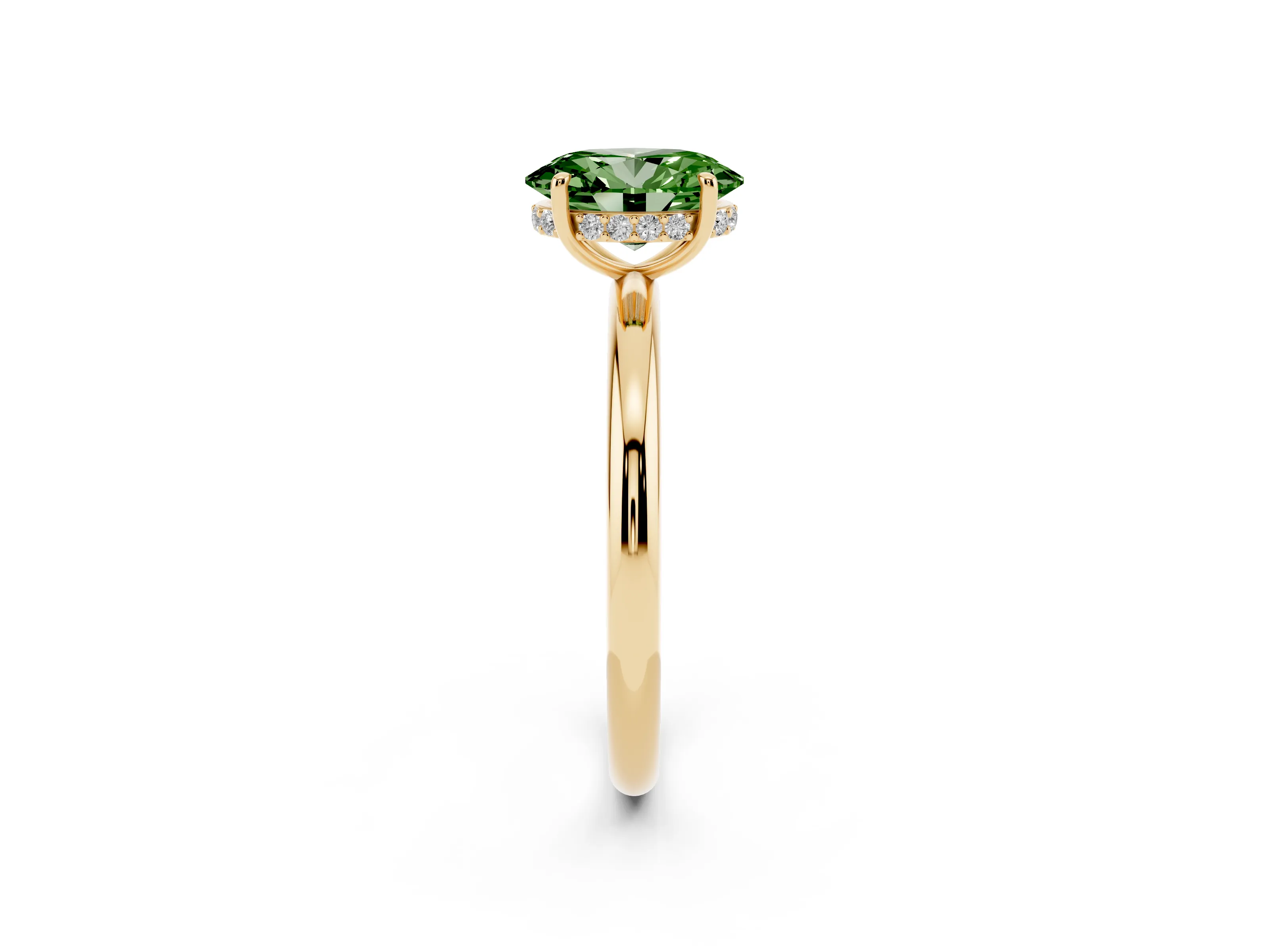Fancy Green Oval Cut Diamond Solitaire Ring Set in Yellow gold with Thin Band and Prong Setting