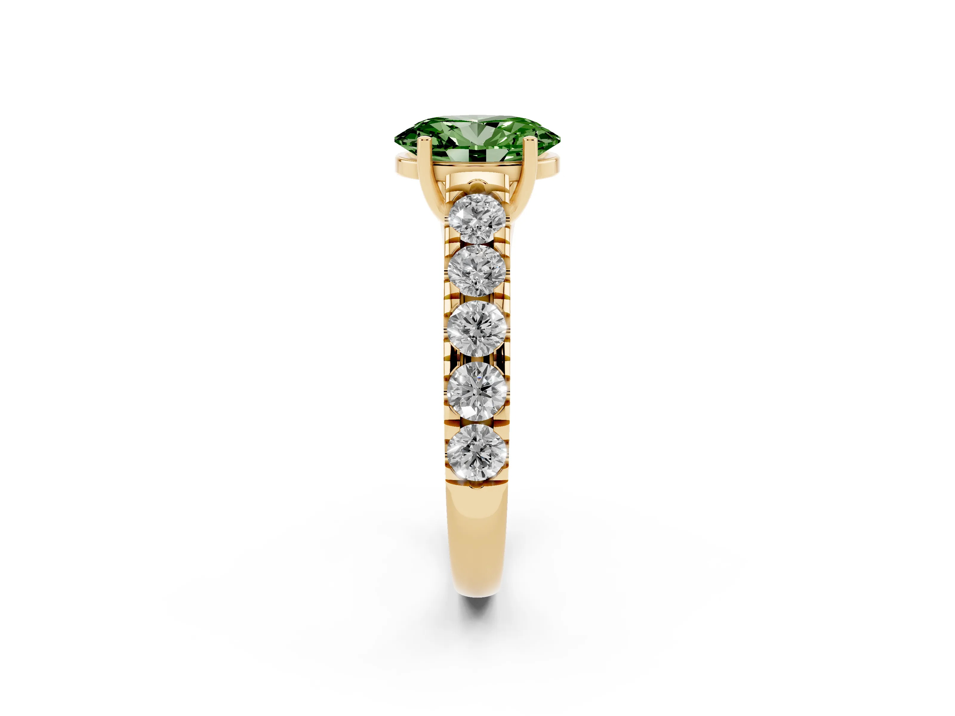 Fancy Green Oval Cut Diamond Solitaire Ring Set in Yellow gold with Cut-Down Micro Pavé Band and Prong Setting