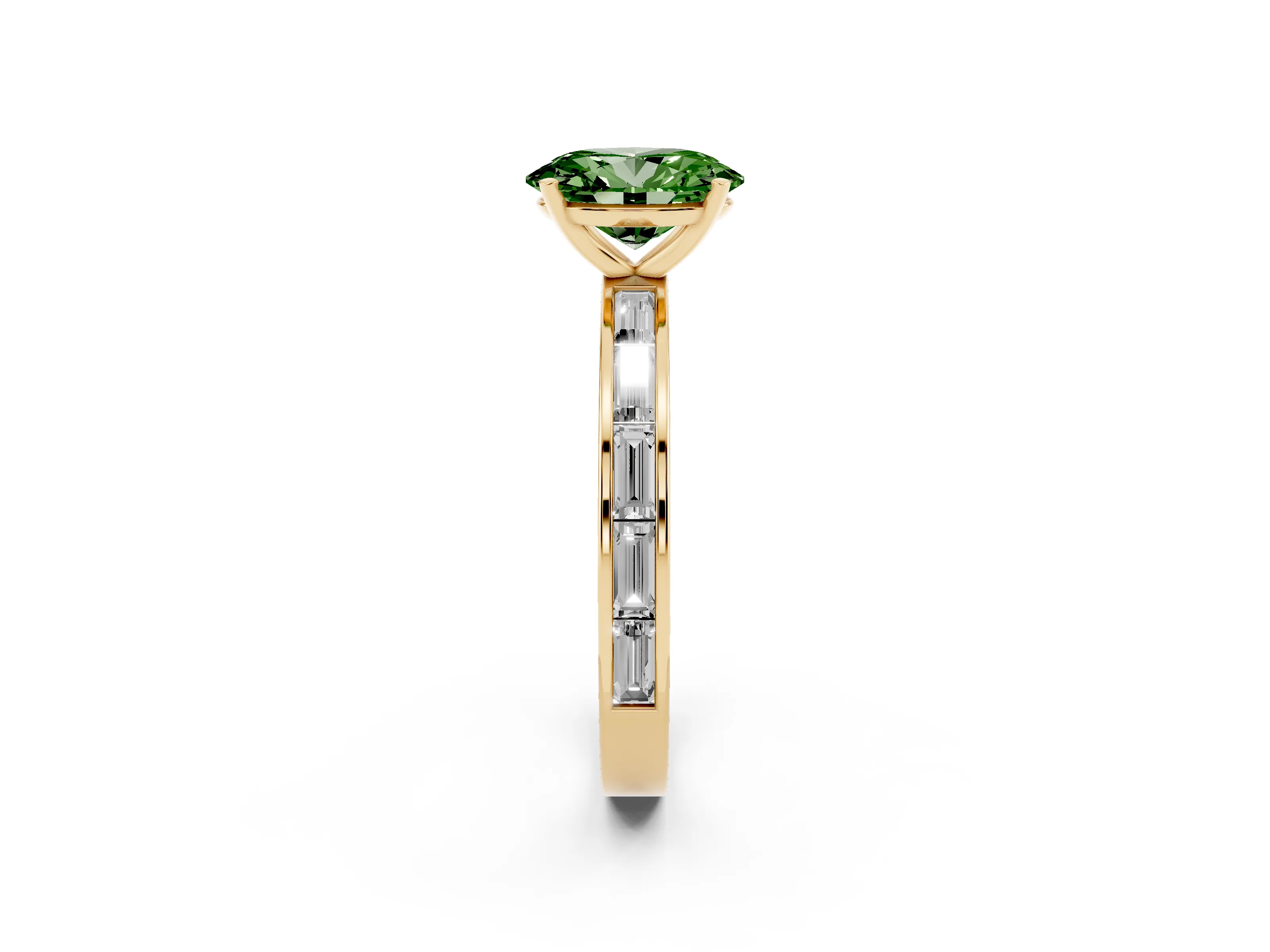 Fancy Green Oval Cut Diamond Solitaire Ring Set in Yellow gold with Channel-Set Baguette Band and Prong Setting