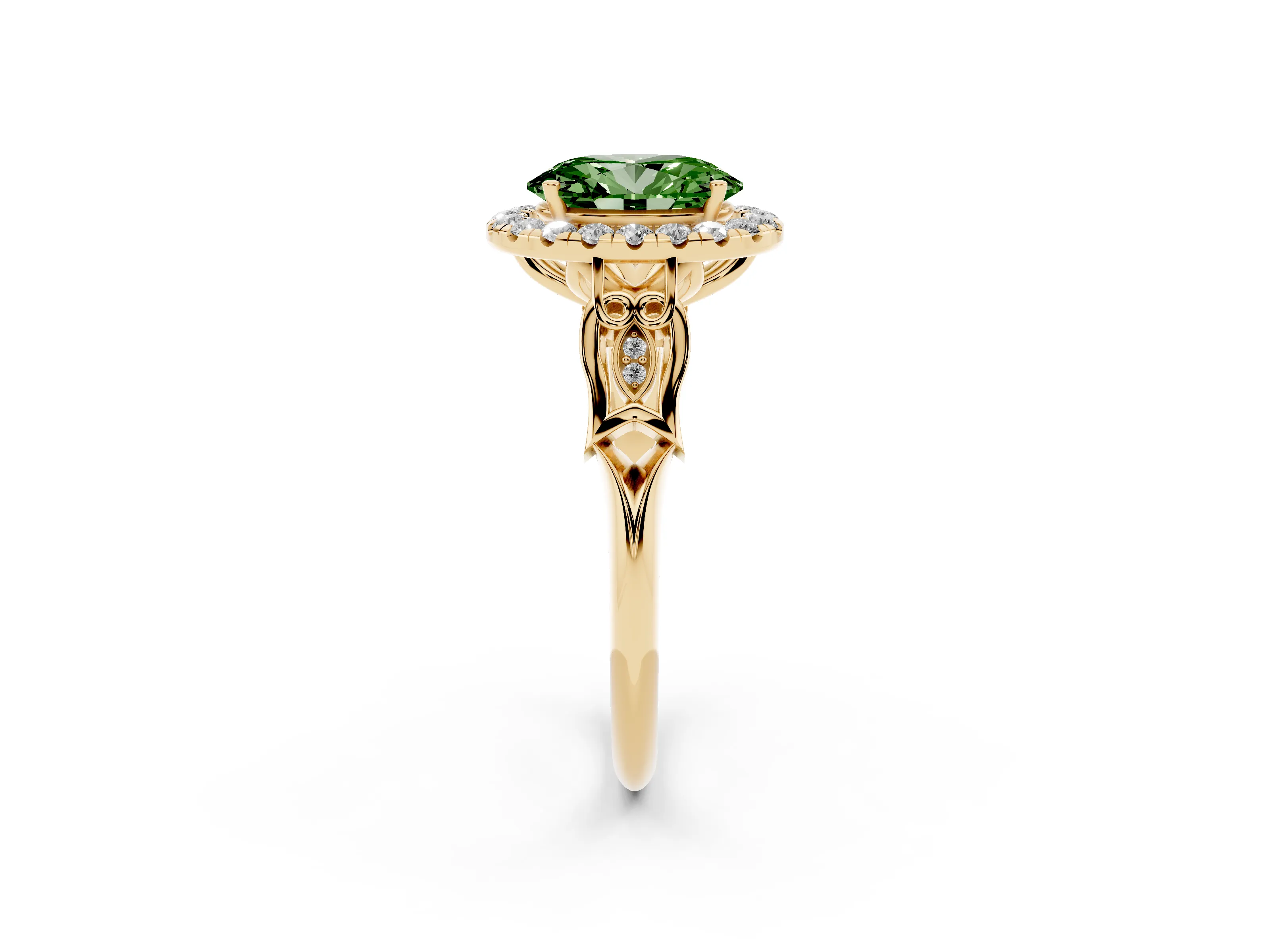 Fancy Green Oval Cut Diamond Halo Engagement Ring Set in Yellow gold with Filigree Band and Prong-Set Center