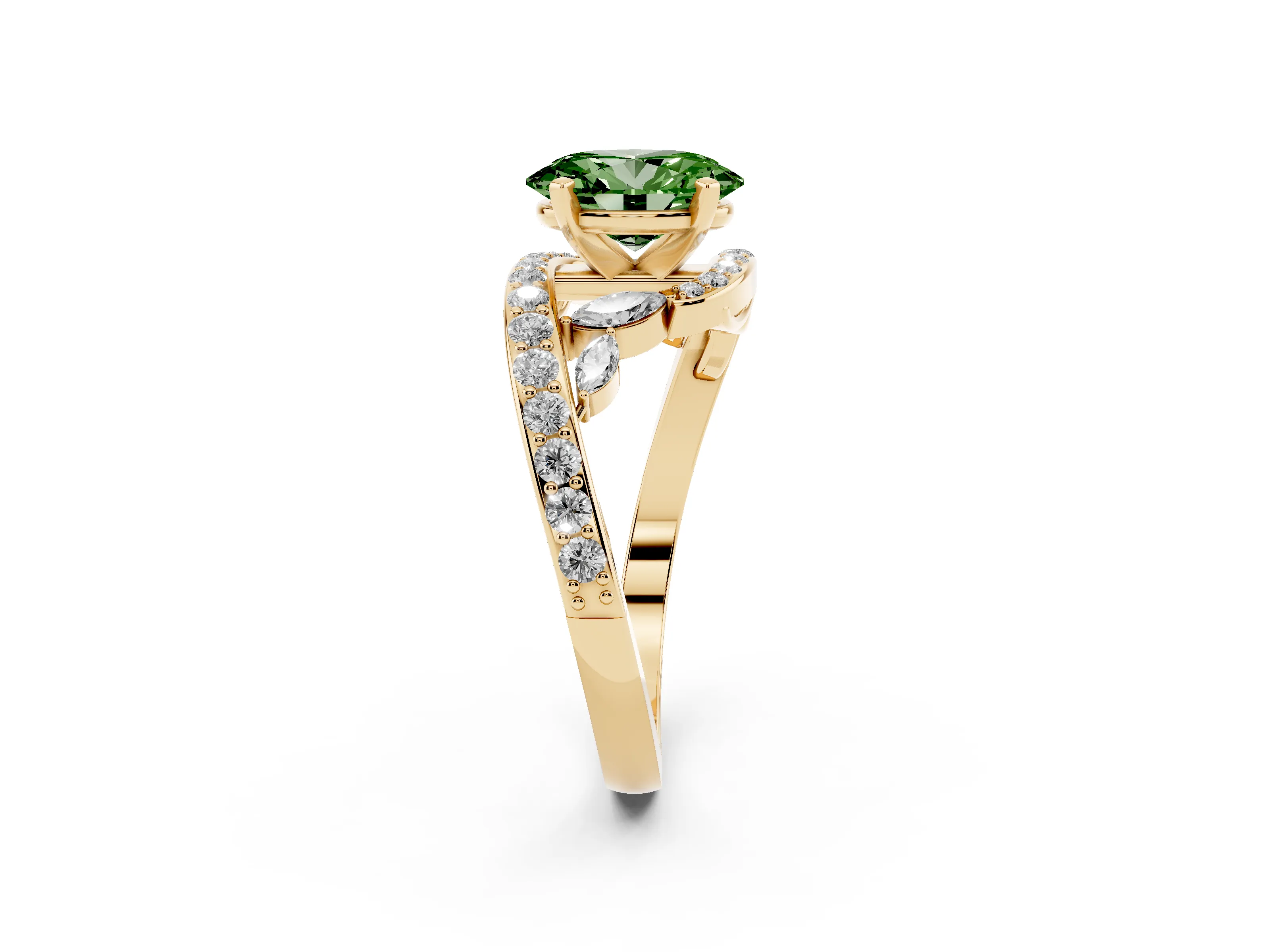 Fancy Green Oval Cut Diamond Solitaire Ring Set in Yellow gold with Pavé Twist Band and Secure Prong Setting