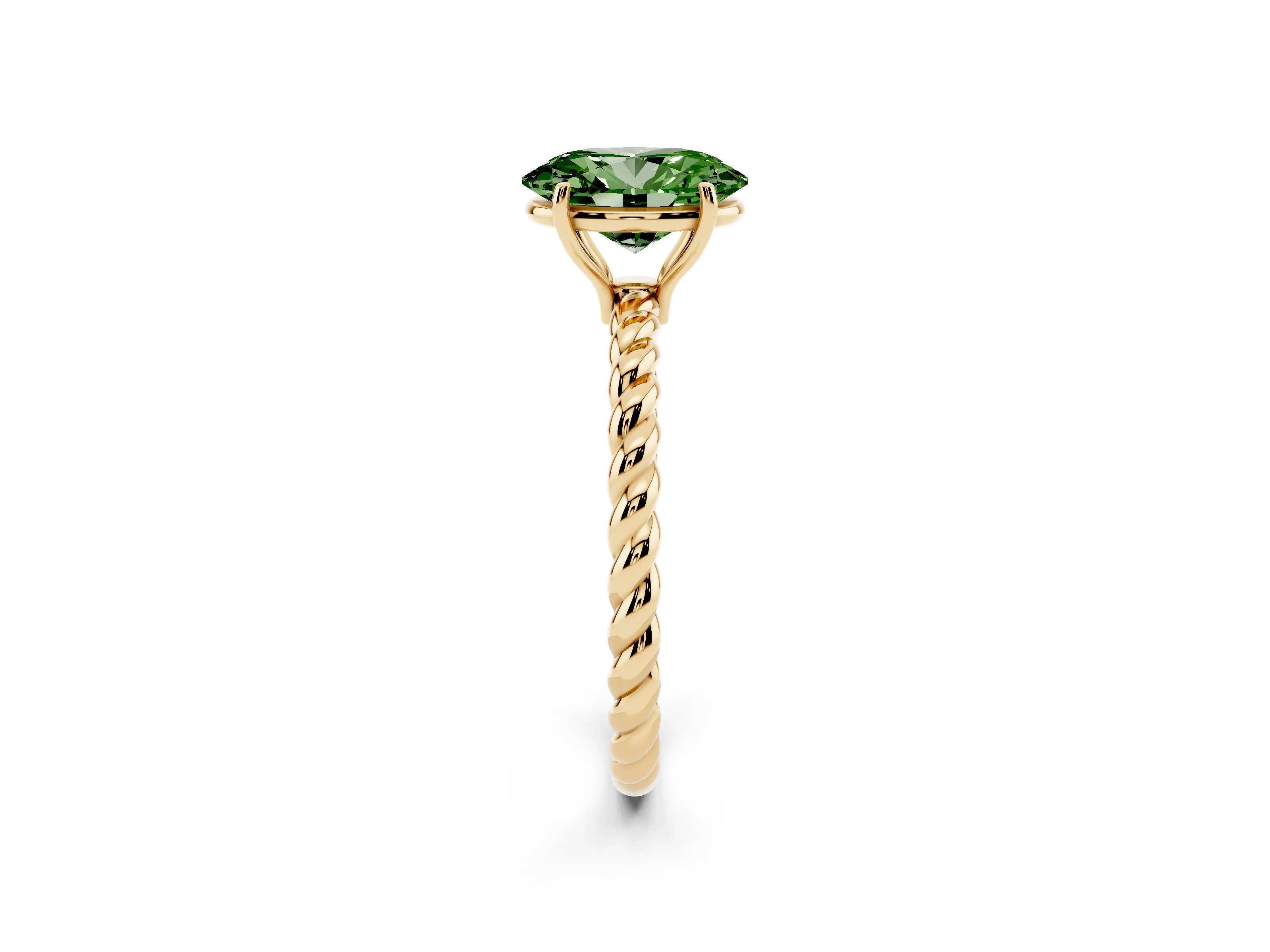 Fancy Green Oval Cut Diamond Solitaire Ring Set in Yellow gold with Twist Band and Prong Setting