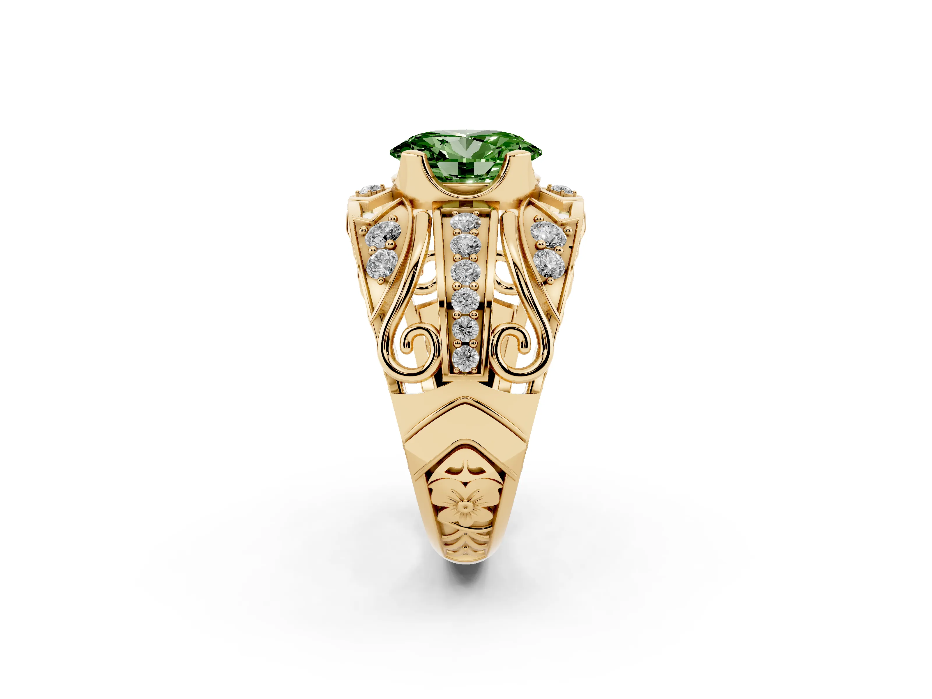 Fancy Green Oval Cut Diamond Art Deco Ring Set in Yellow gold with Pavé Split Shank