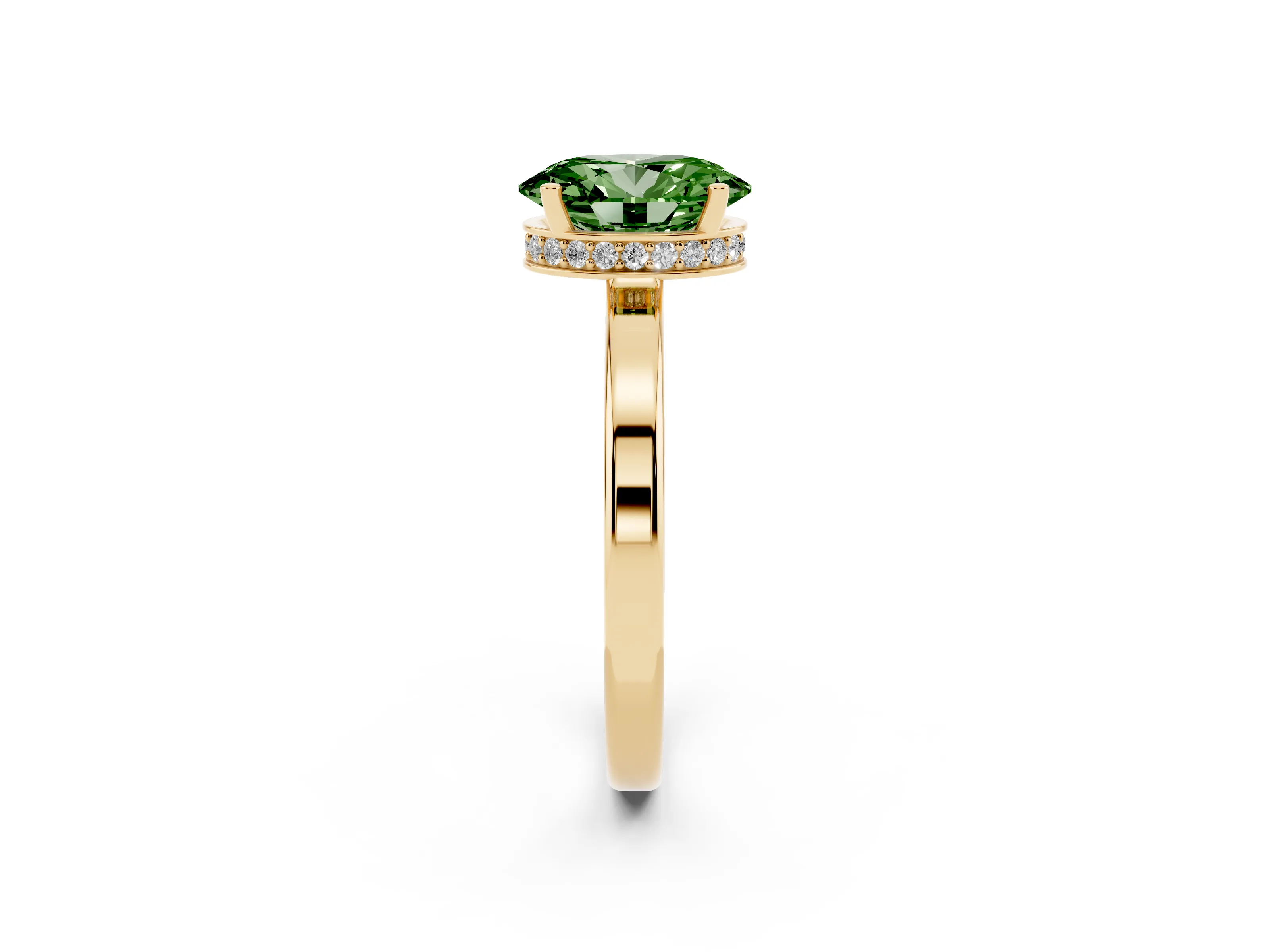 Fancy Green Oval Cut Diamond Solitaire Engagement Ring Set in Yellow gold with Prong Setting on a Plain Band