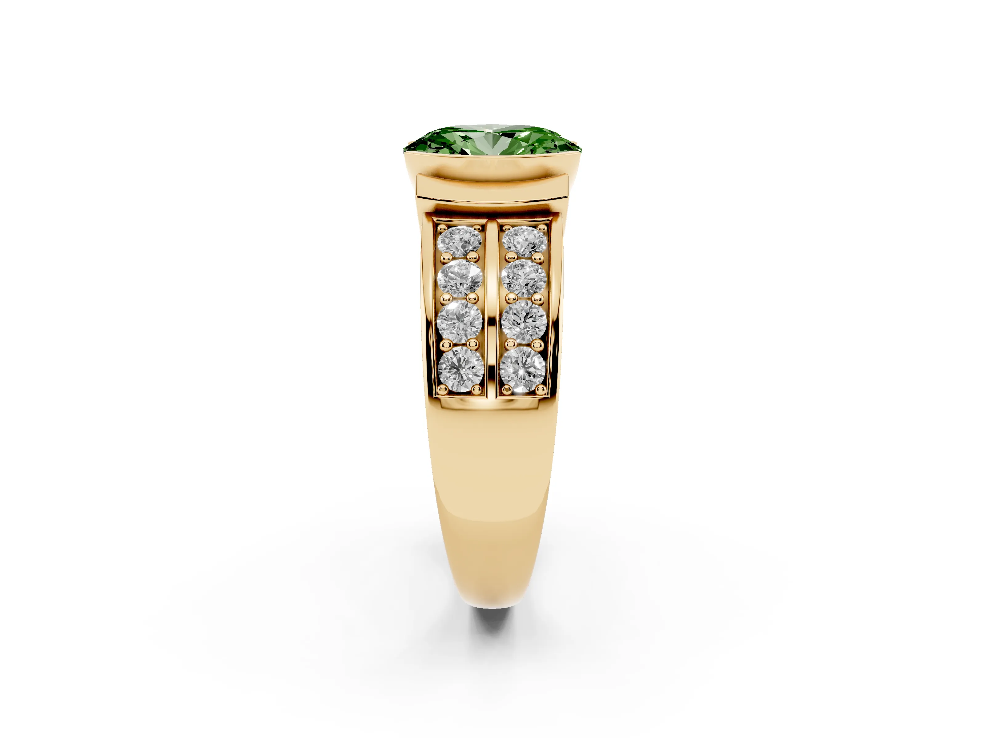 Fancy Green Oval Cut Diamond Wide Channel Set Band Ring Set in Yellow gold with Bezel Setting