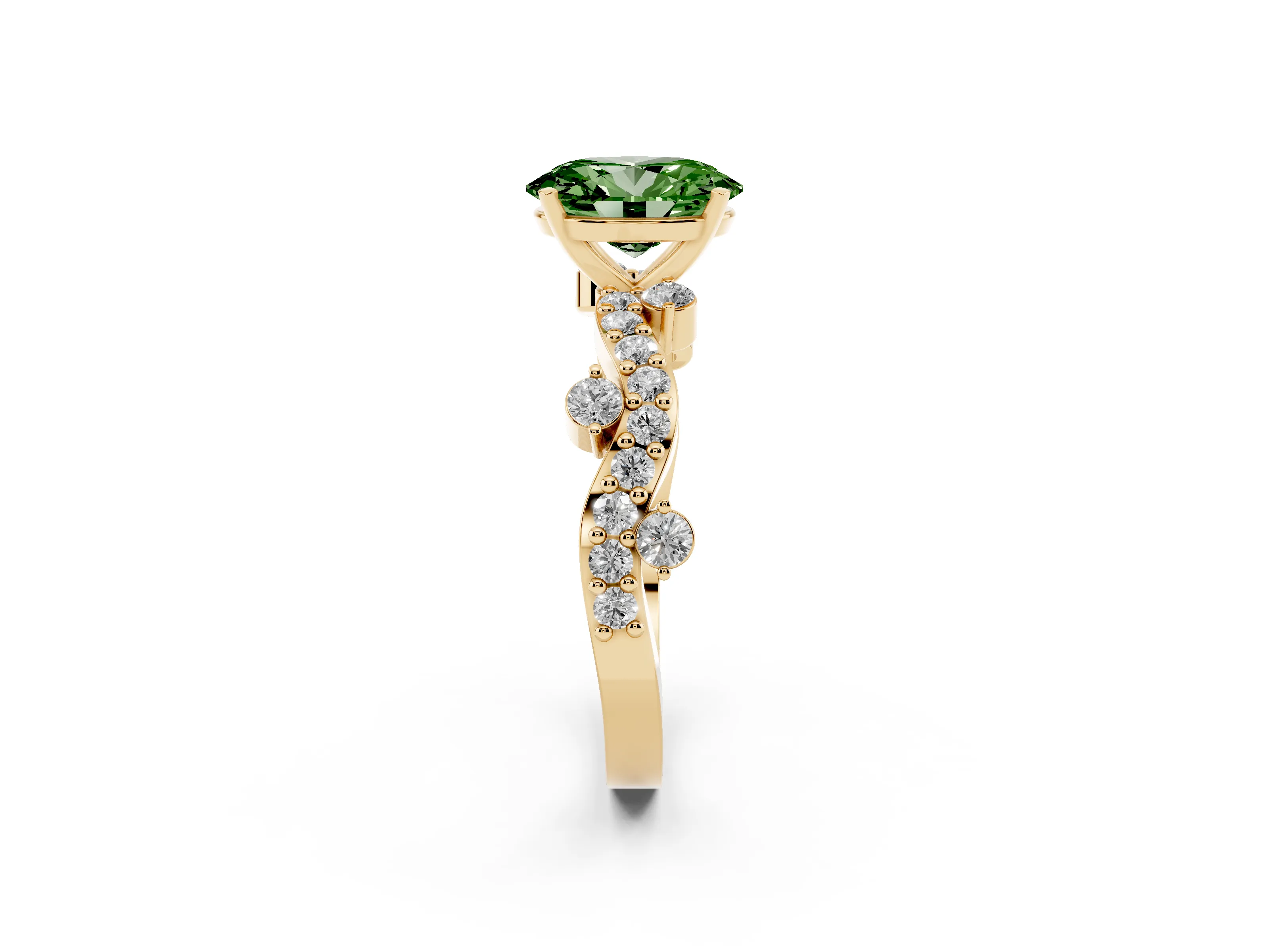 Fancy Green Oval Cut Diamond Solitaire Twisted Band Set in Yellow gold with Pavé Setting