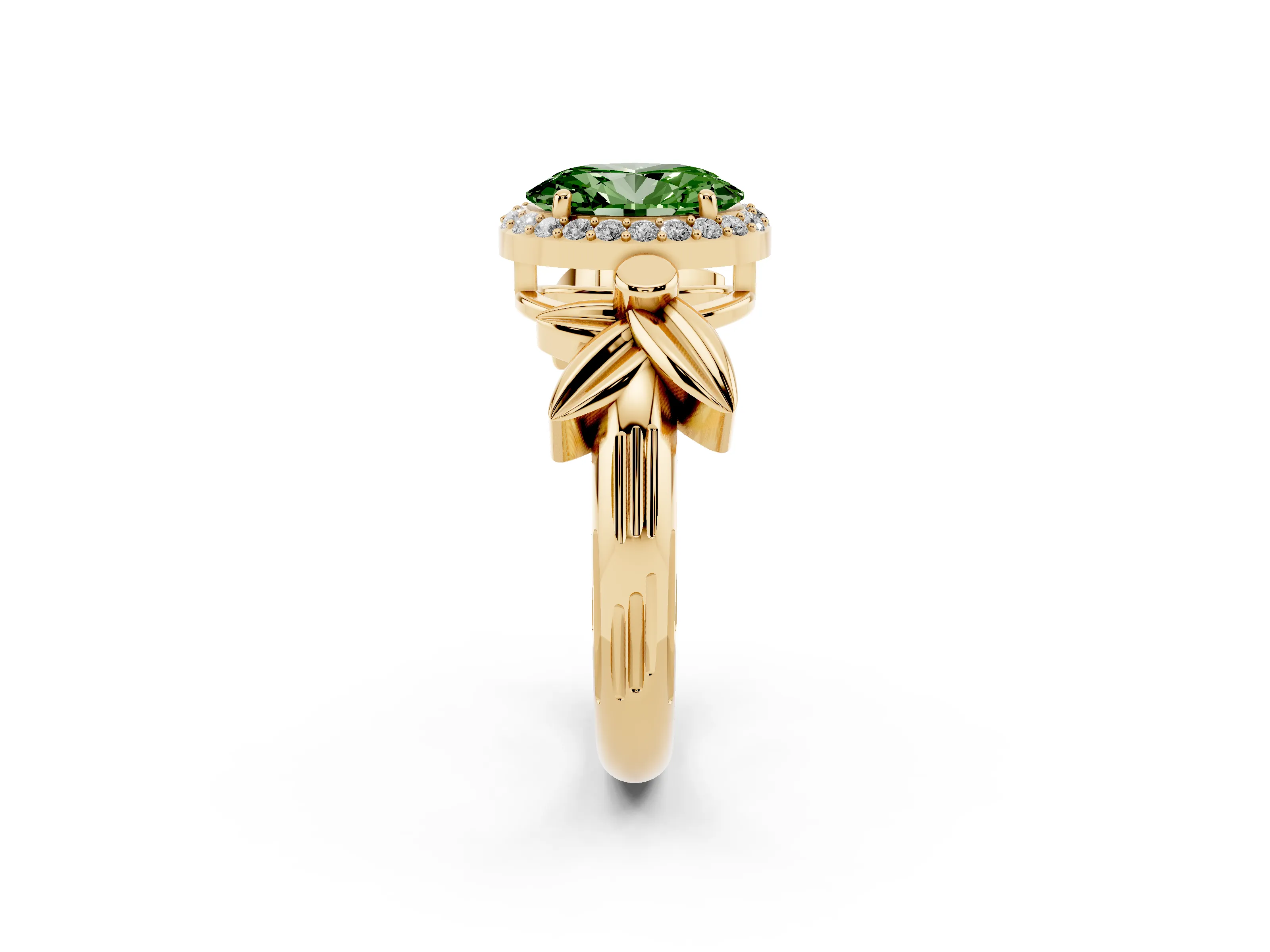 Fancy Green Oval Cut Diamond Halo Floral Band Ring Set in Yellow gold with Prong Setting