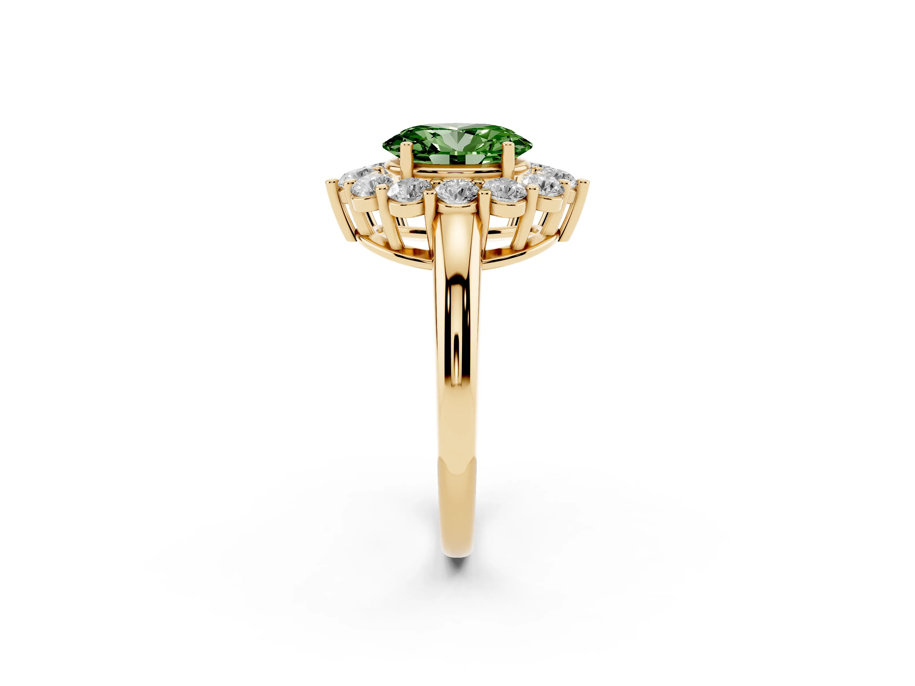 Fancy Green Oval Cut Diamond Halo Cluster Engagement Ring Set in Yellow gold with Polished Band and Prong Setting
