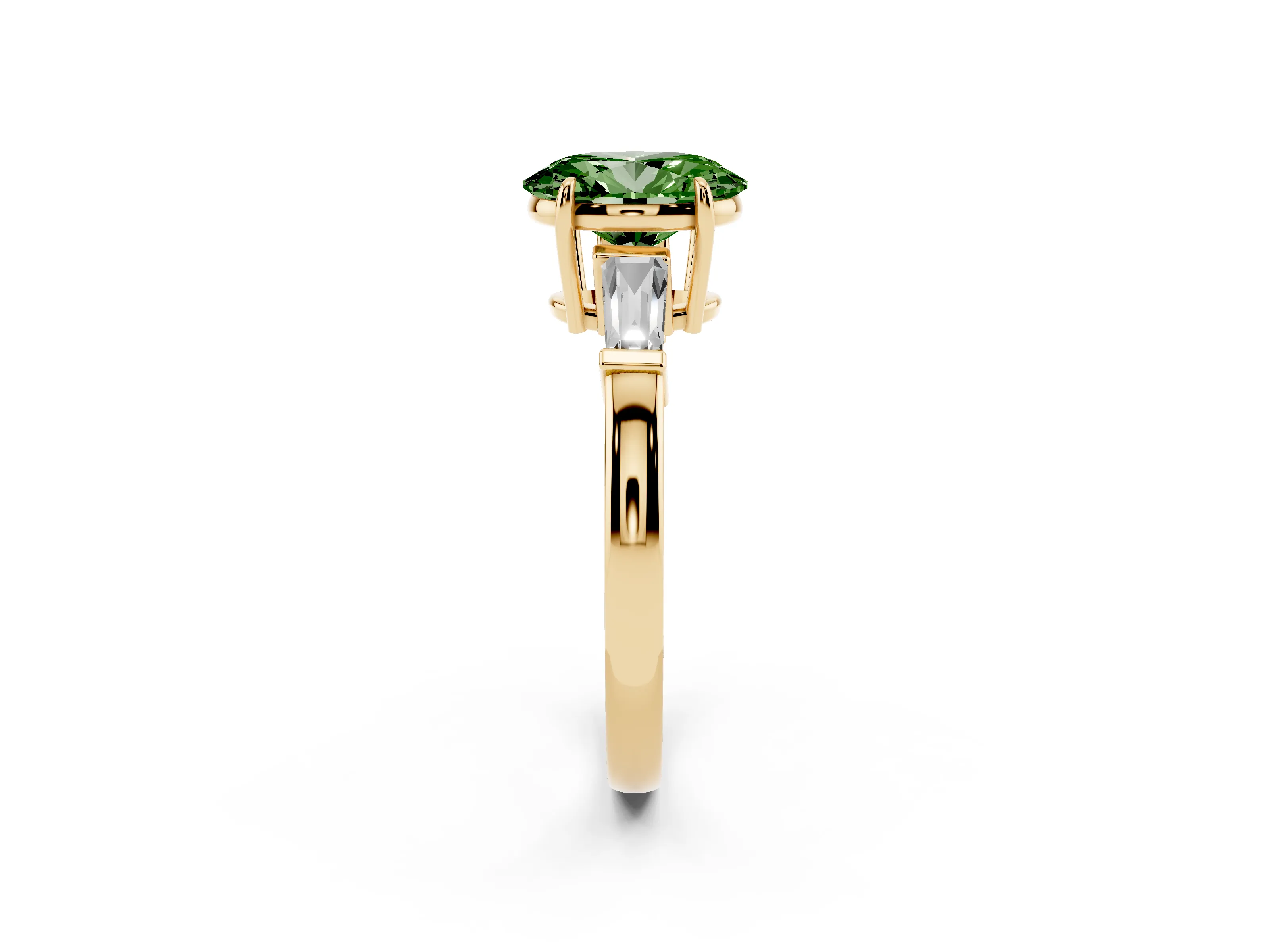 Fancy Green Oval Cut Diamond Three-Stone Ring Set in Yellow gold with Tapered Baguette Side Stones and Prong Setting