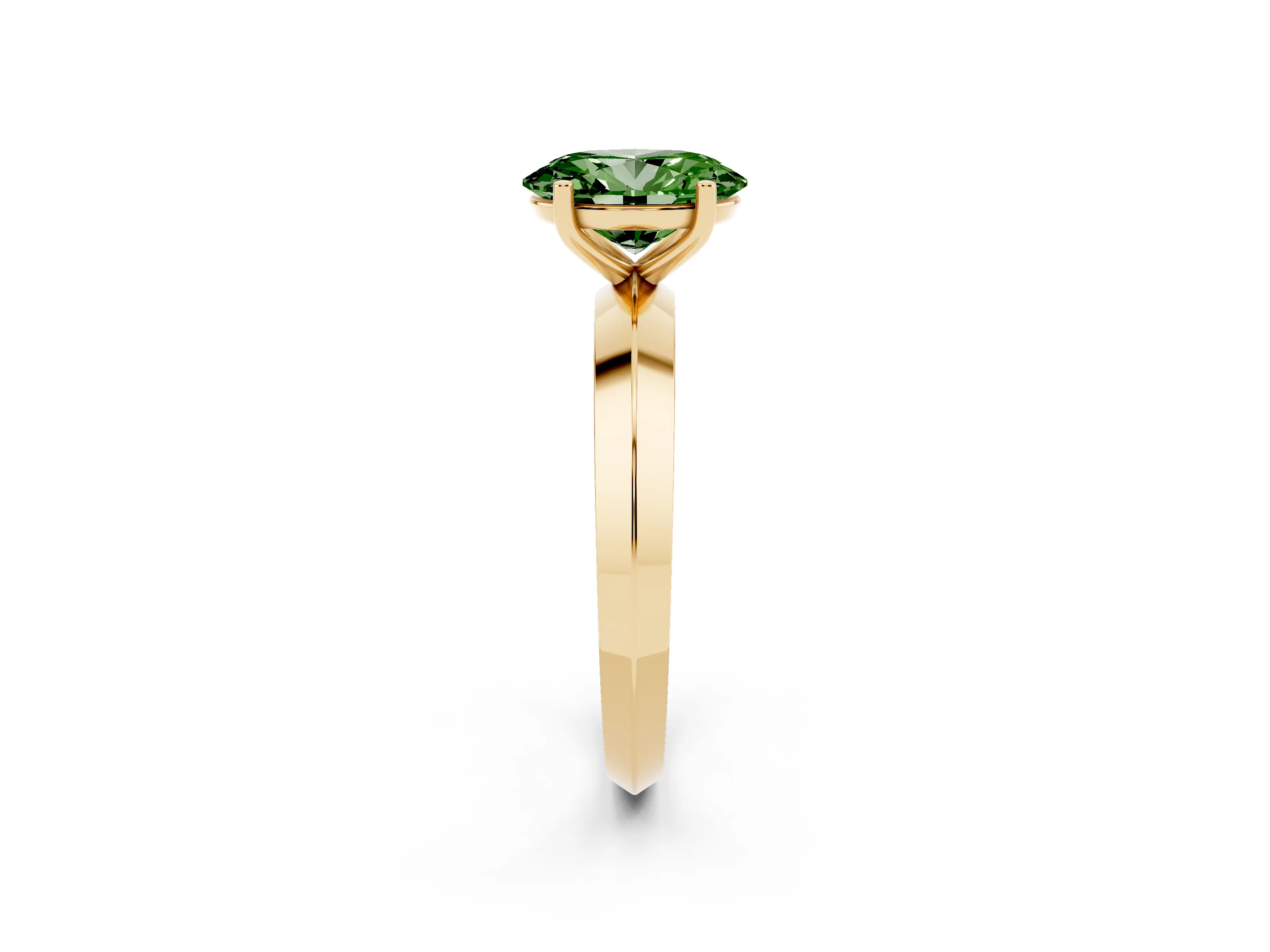 Fancy Green Oval Cut Diamond Solitaire Engagement Ring Set in Yellow gold with Flat Band and Prong Setting