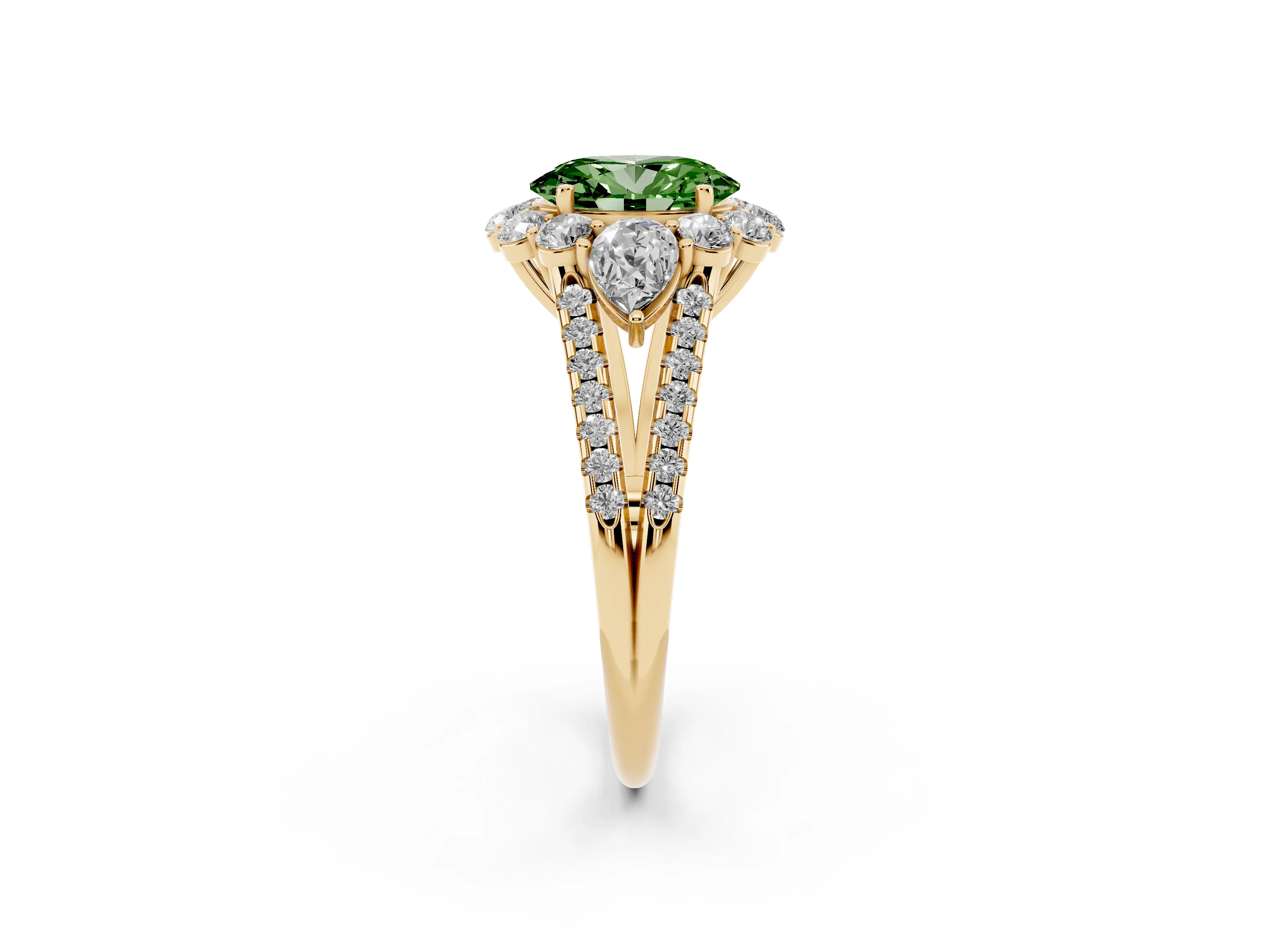 Fancy Green Oval Cut Diamond Halo Split Shank Engagement Ring Set in Yellow gold with Prong-Held Center Stone