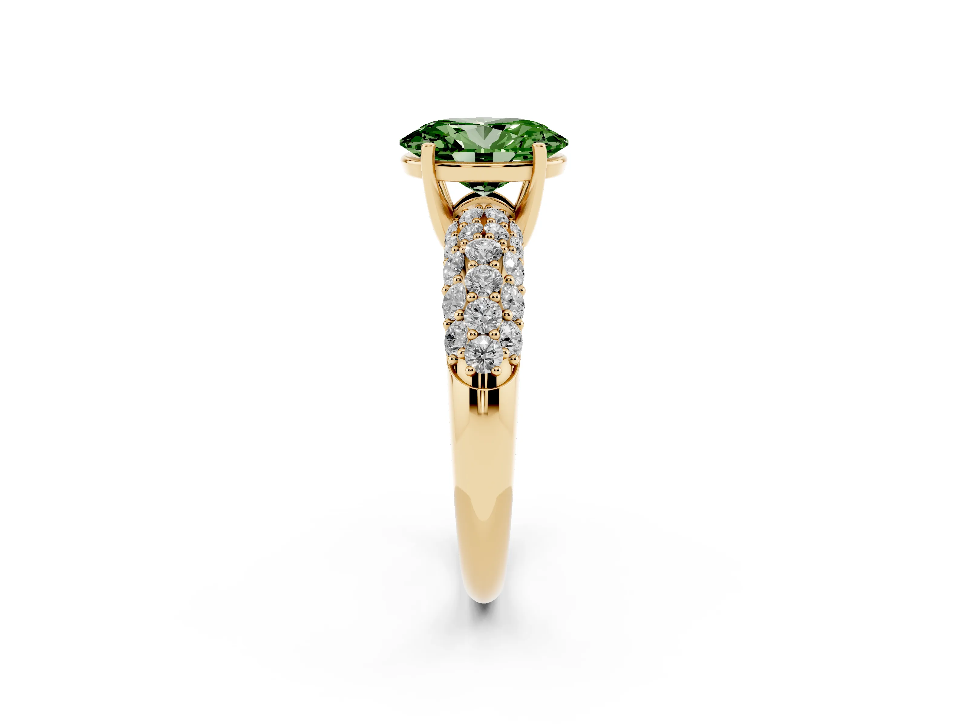 Fancy Green Oval Cut Diamond Pavé Band Solitaire Ring Set in Yellow gold with Close-Set Accent Stones and Prong Setting