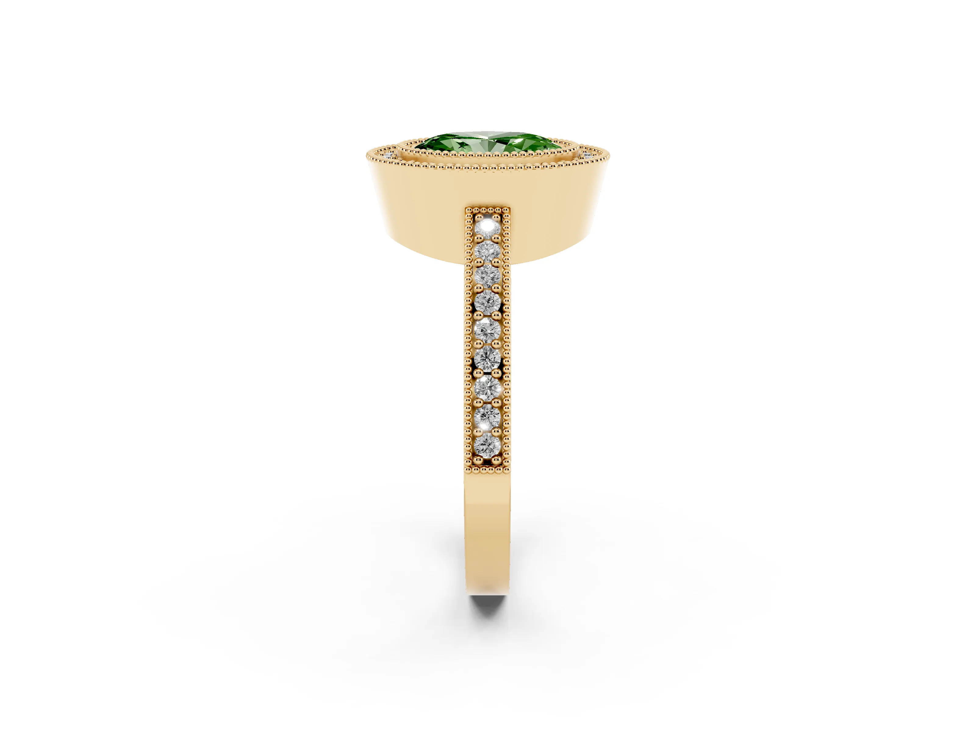 Fancy Green Oval Cut Diamond Halo Engagement Ring Set in Yellow gold with Pavé Band and Round Halo Stones