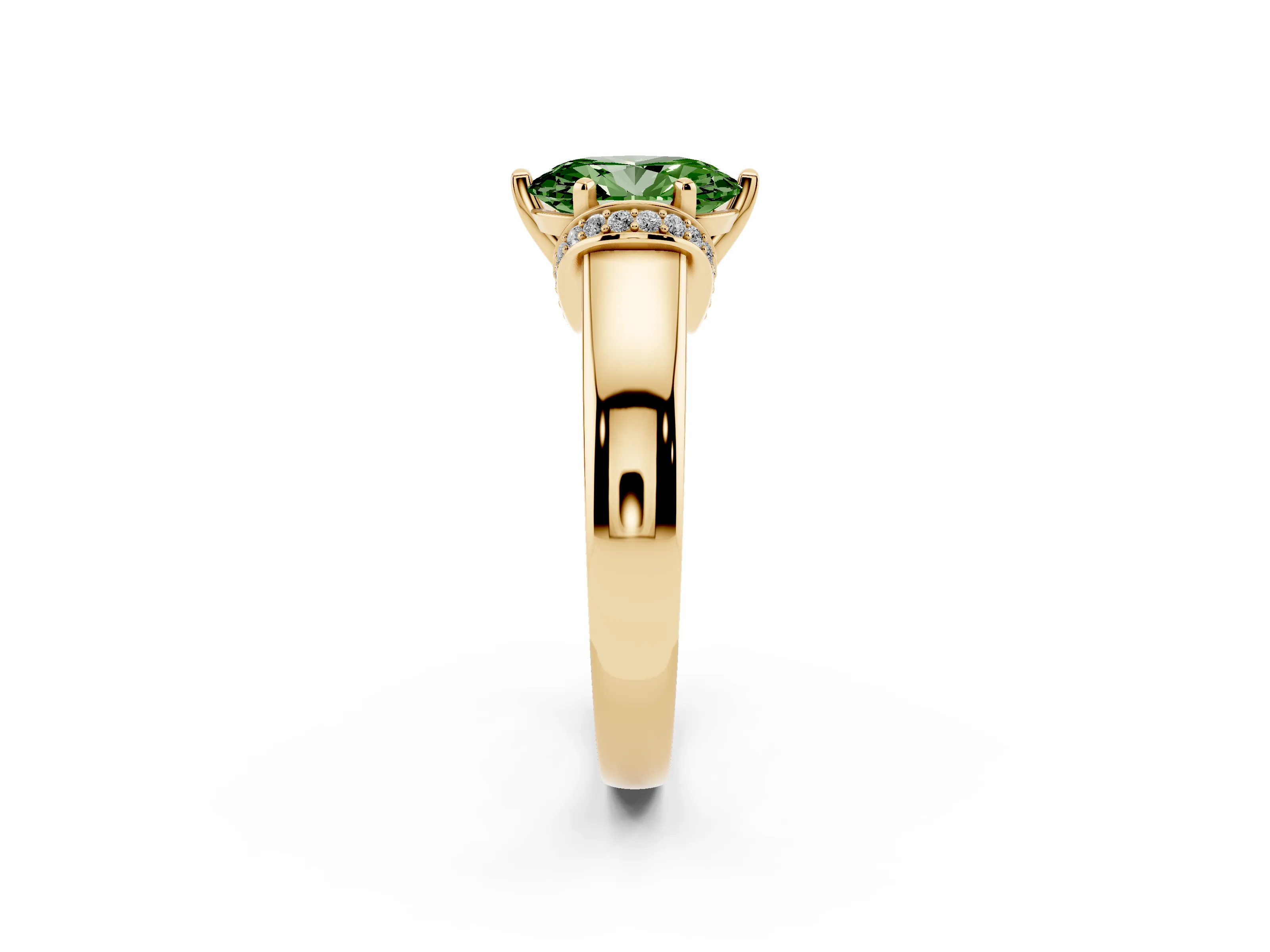 Fancy Green Oval Cut Diamond Pavé Band Solitaire Ring Set in Yellow gold with Prong Setting