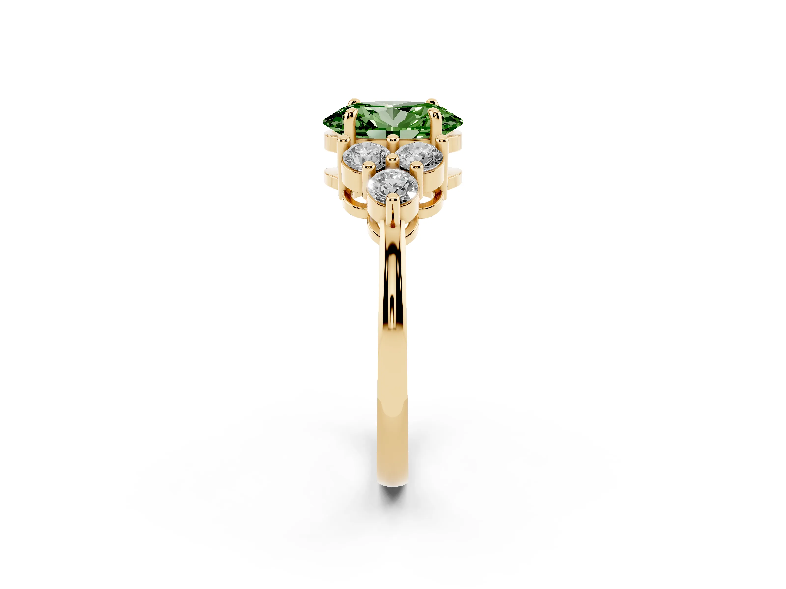 Fancy Green Oval Cut Diamond Solitaire Ring Set in Yellow gold with Cluster Accents on Each Side