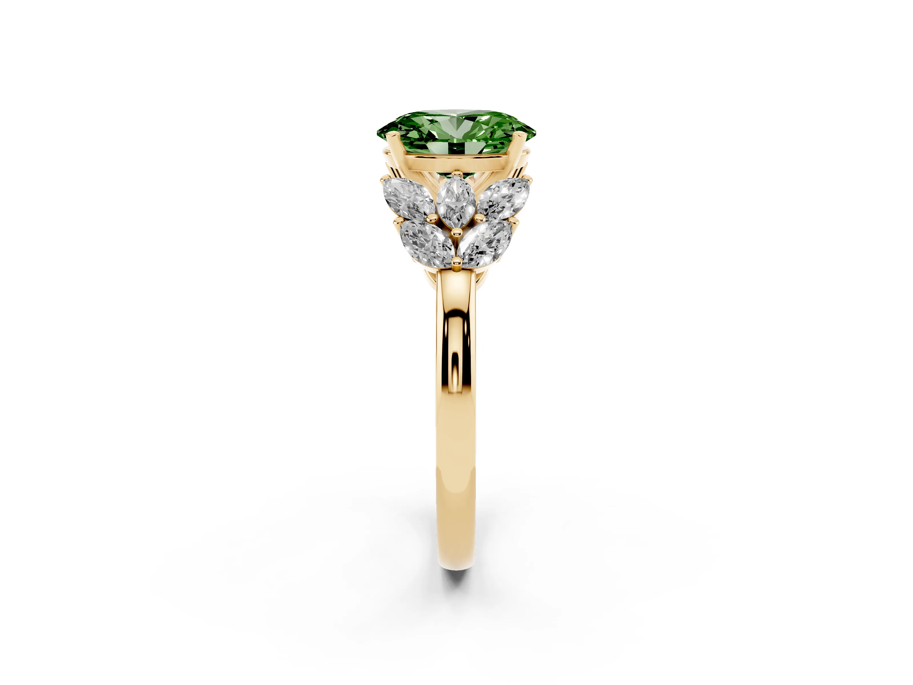 Fancy Green Oval Cut Diamond Cluster Leaf Design Ring Set in Yellow gold with Prong Setting