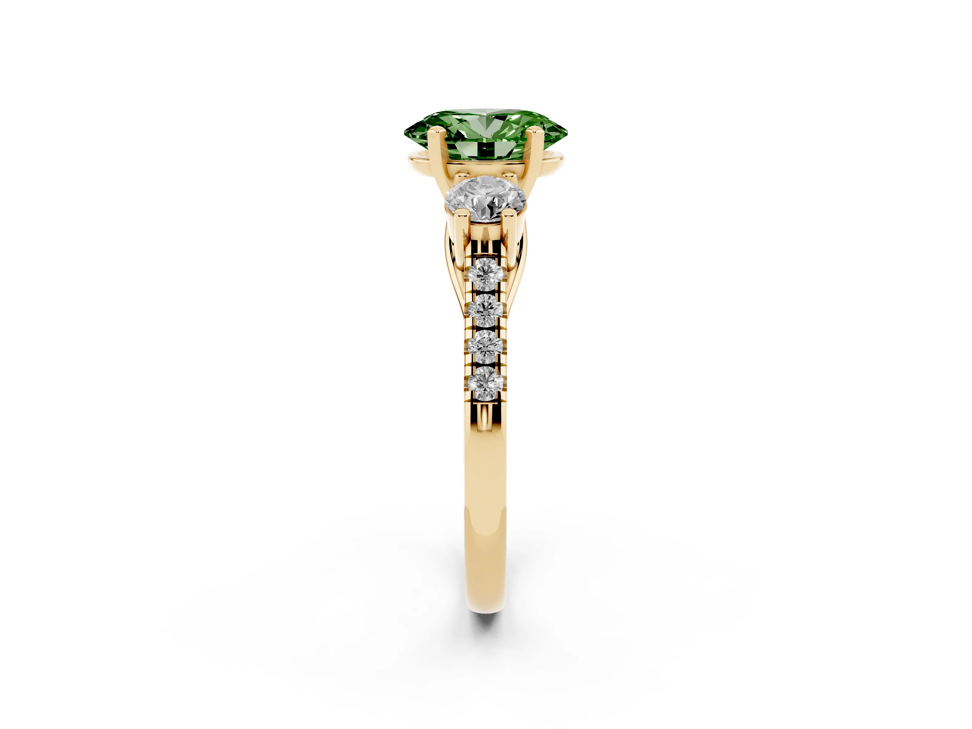 Fancy Green Three-Stone Oval Cut Diamond Pavé Band Ring Set in Yellow gold with Prong-Set Trio