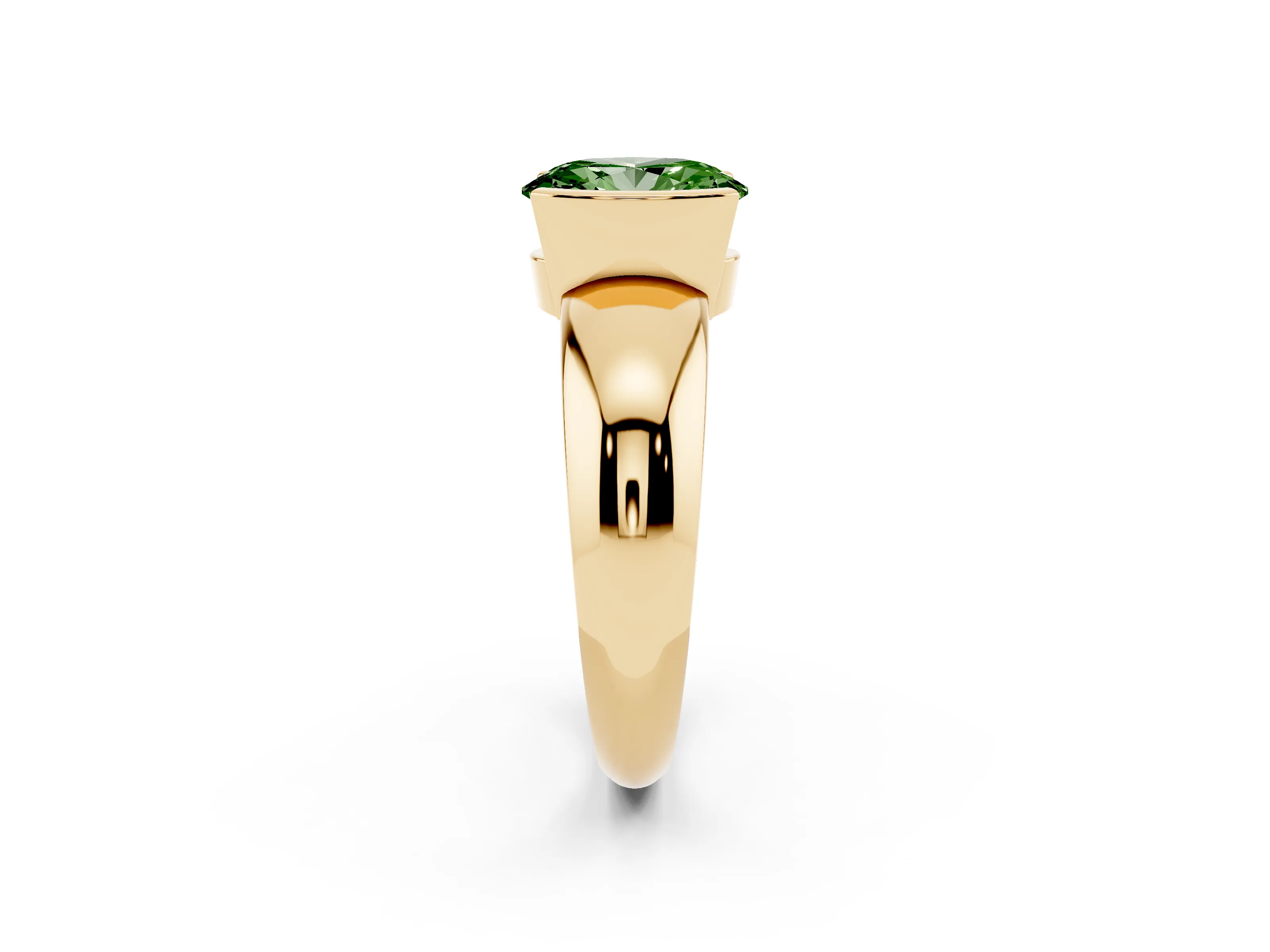 Fancy Green Oval Cut Diamond Solitaire Tension Set Ring Set in Yellow gold with Wide Band