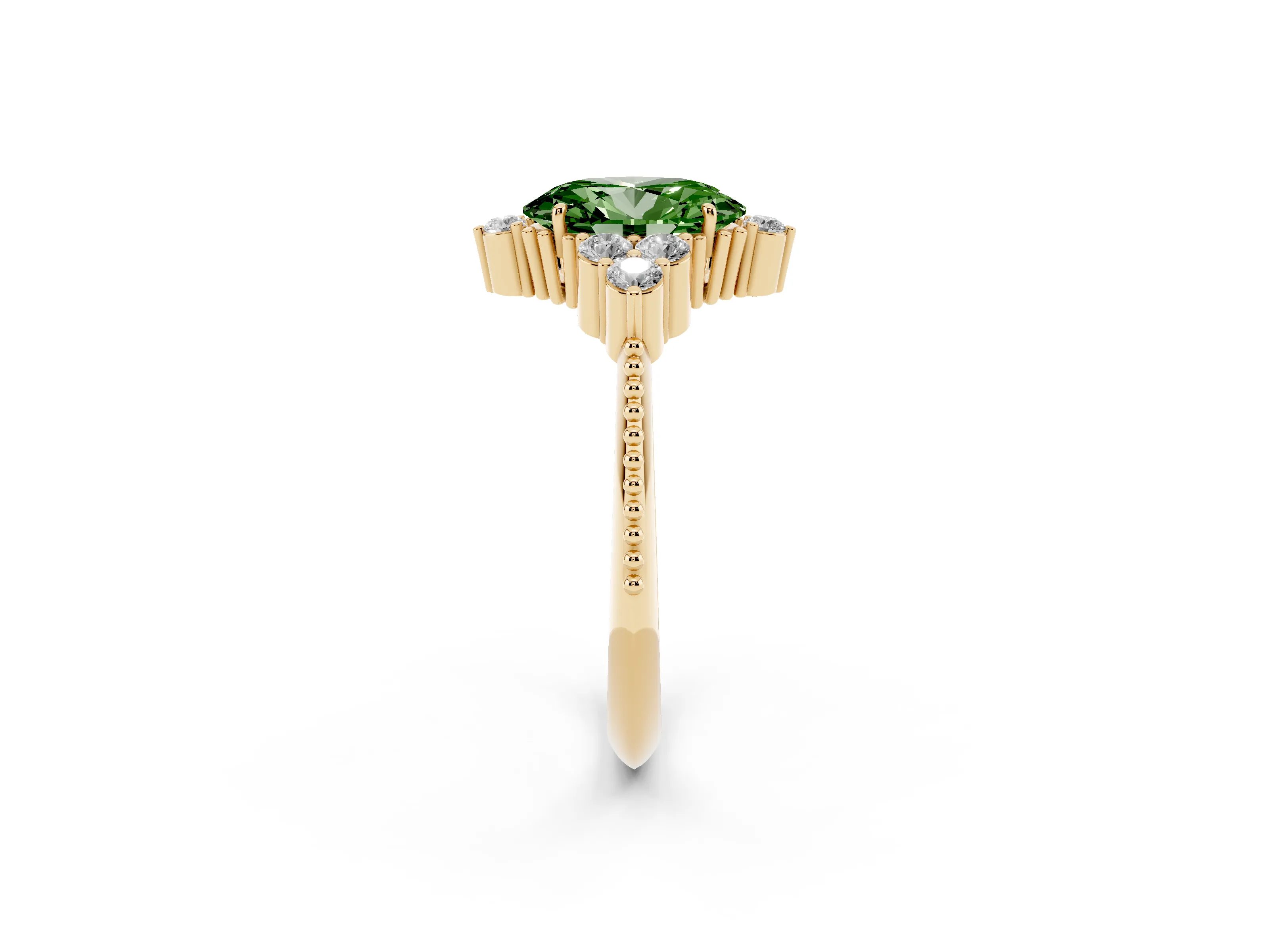 Fancy Green Oval Cut Diamond Cluster Ring Set in Yellow gold with Beaded Band