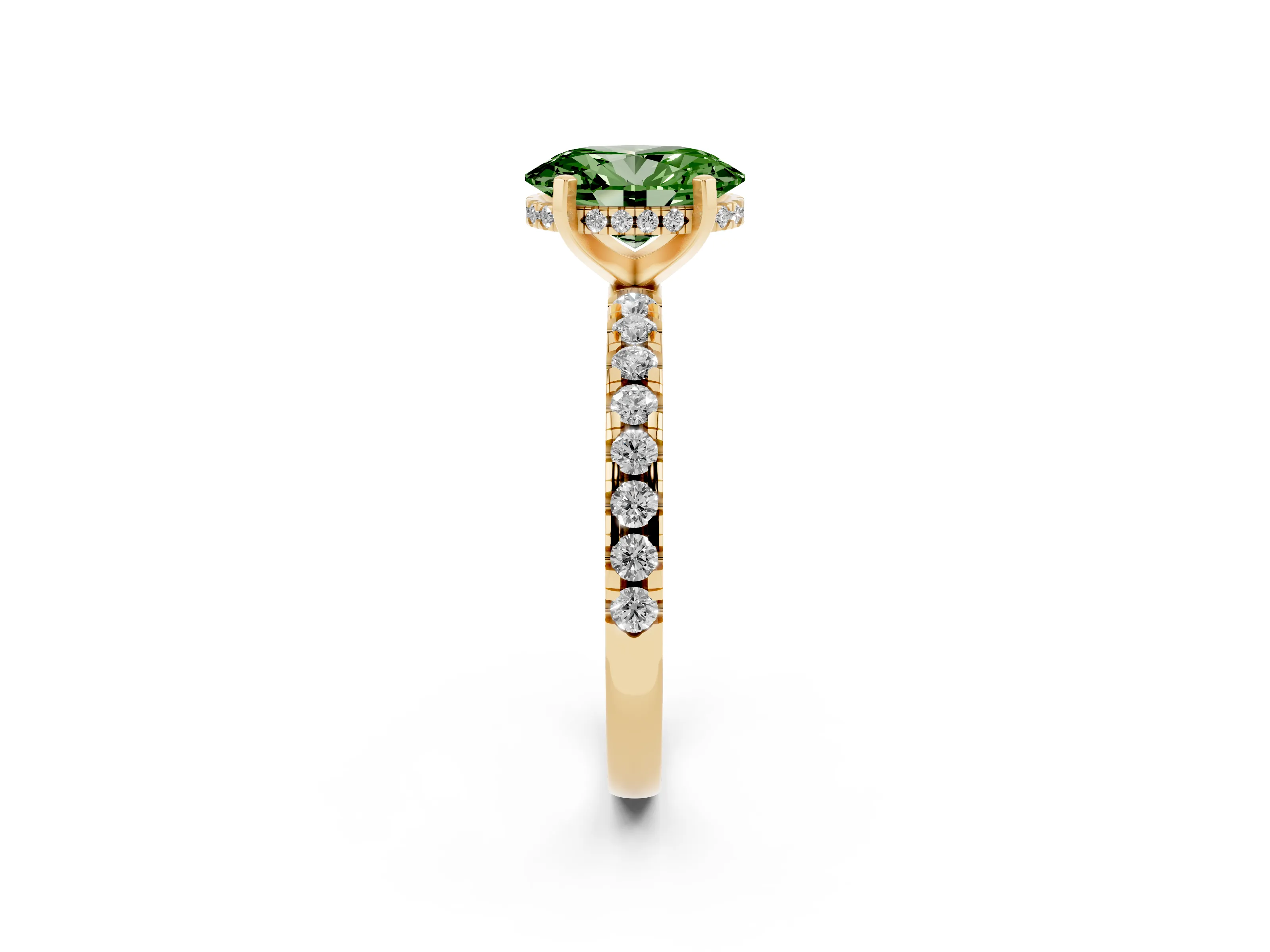 Fancy Green Oval Cut Diamond Pavé Solitaire Ring Set in Yellow gold with Round Band Accents and Prong Setting