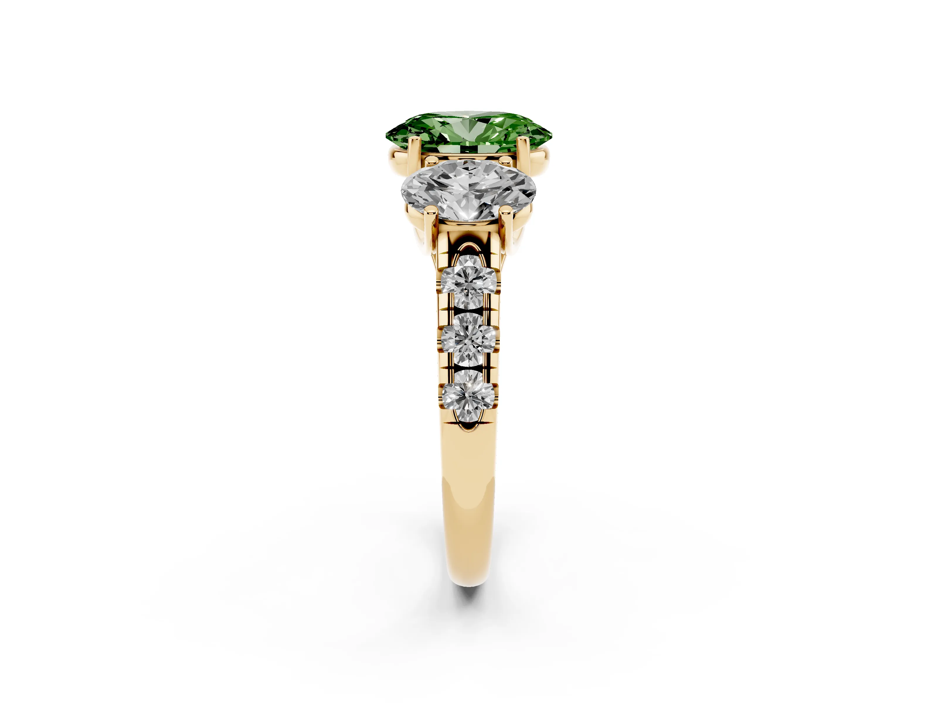 Fancy Green Oval Cut Diamond Three-Stone Ring Set in Yellow gold with Pavé Band