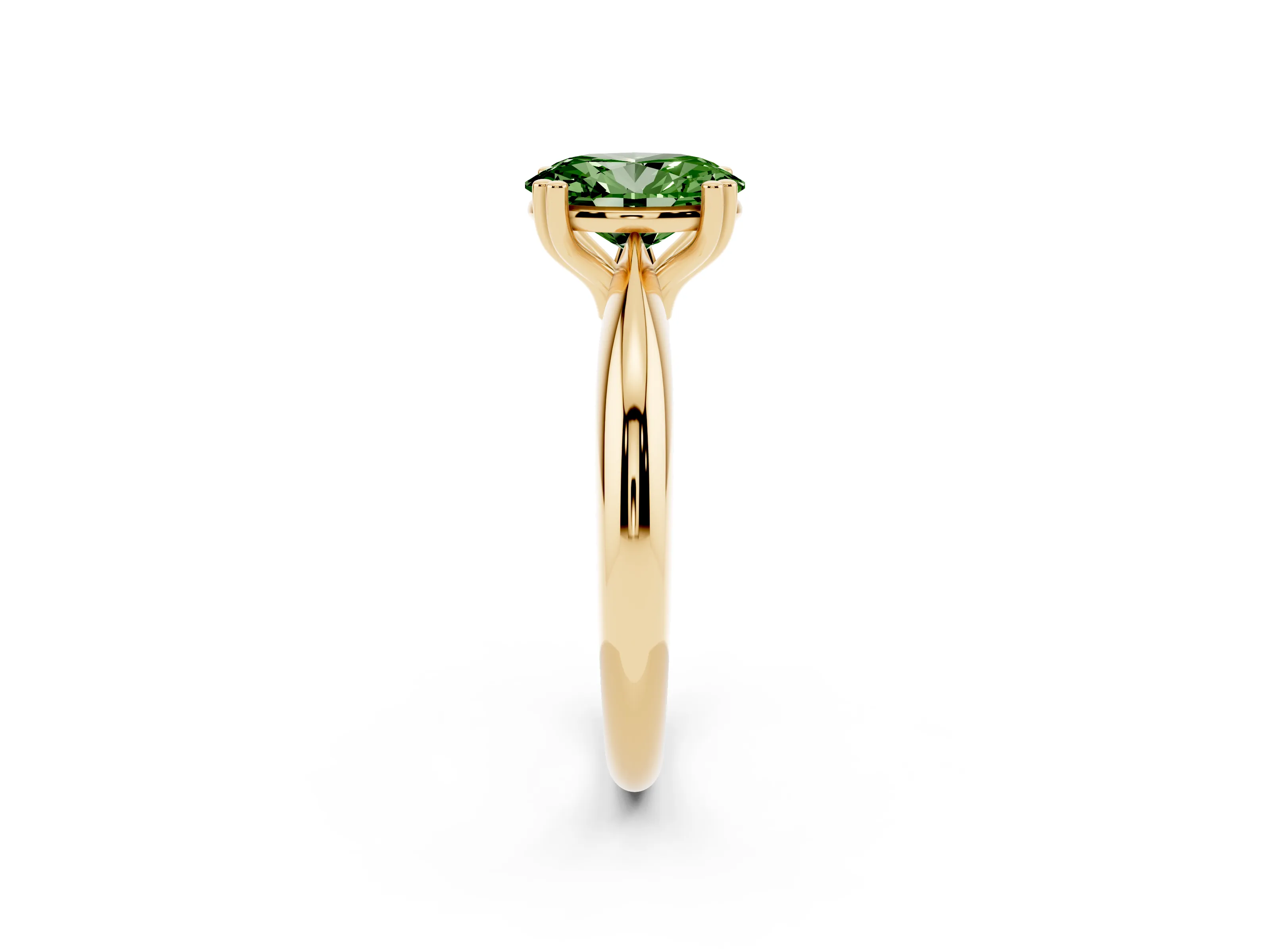 Fancy Green Oval Cut Diamond Solitaire Engagement Ring Set in Yellow gold with Tapered Band and Prong Setting