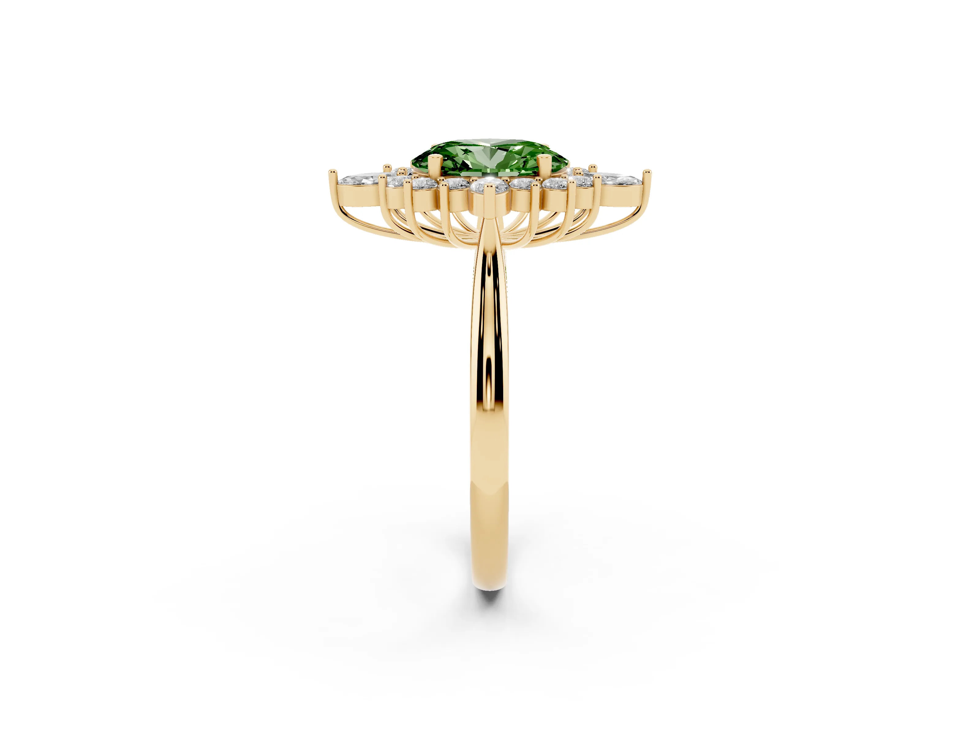Fancy Green Oval Cut Diamond Cluster Halo Ring Set in Yellow gold with Marquise and Round Accents