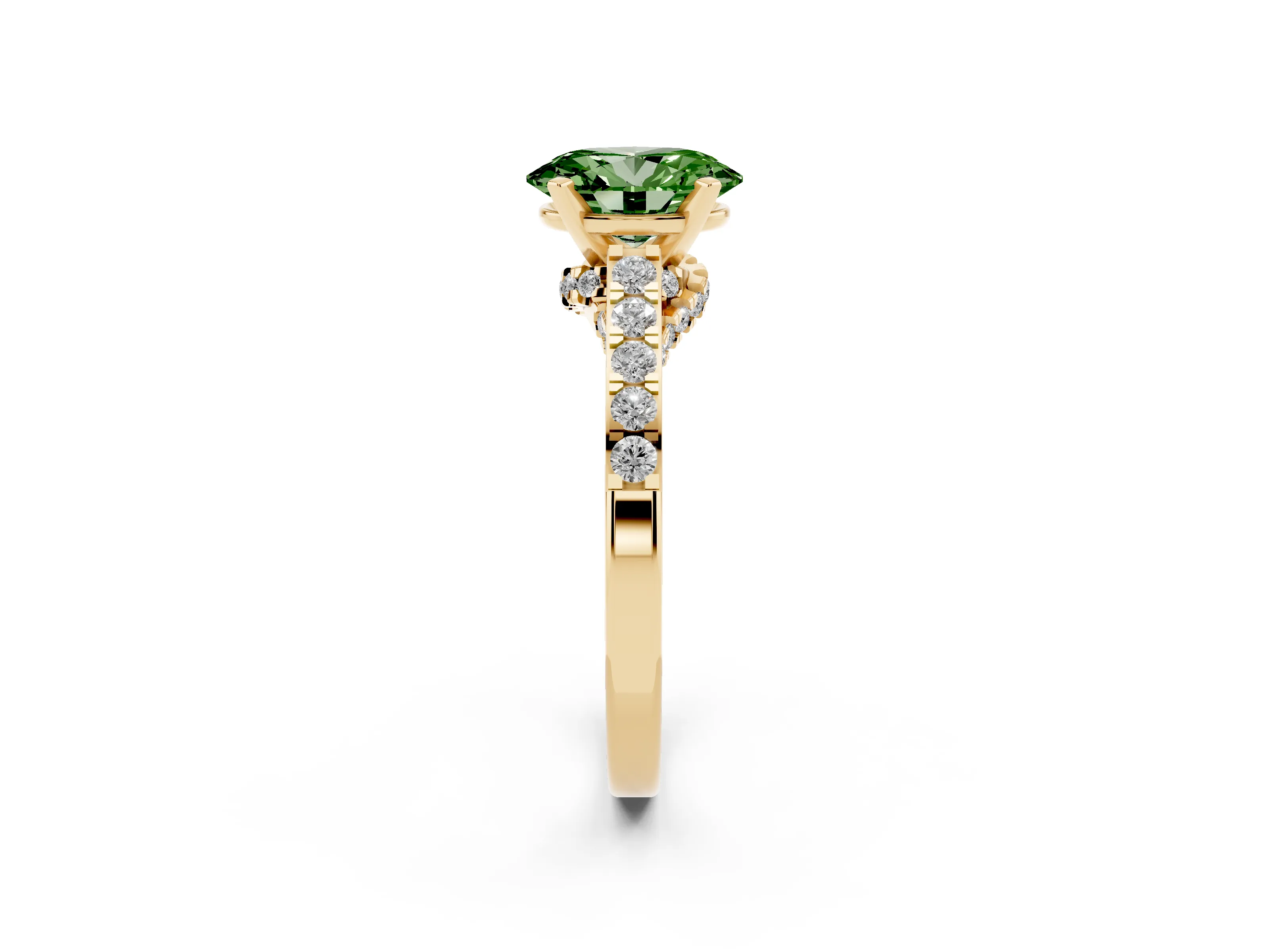 Fancy Green Oval Cut Diamond Solitaire Ring Set in Yellow gold with Crossover Gallery and Round Pavé Band