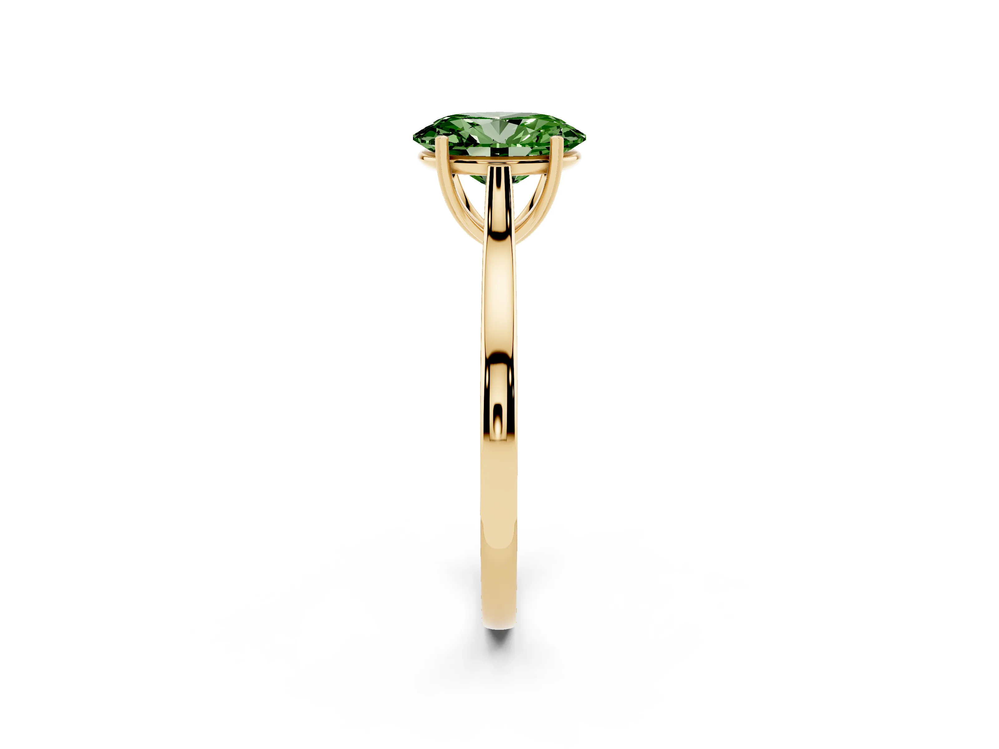 Fancy Green Oval Cut Diamond Solitaire Heart Prong Engagement Ring Set in Yellow gold with Tapered Band