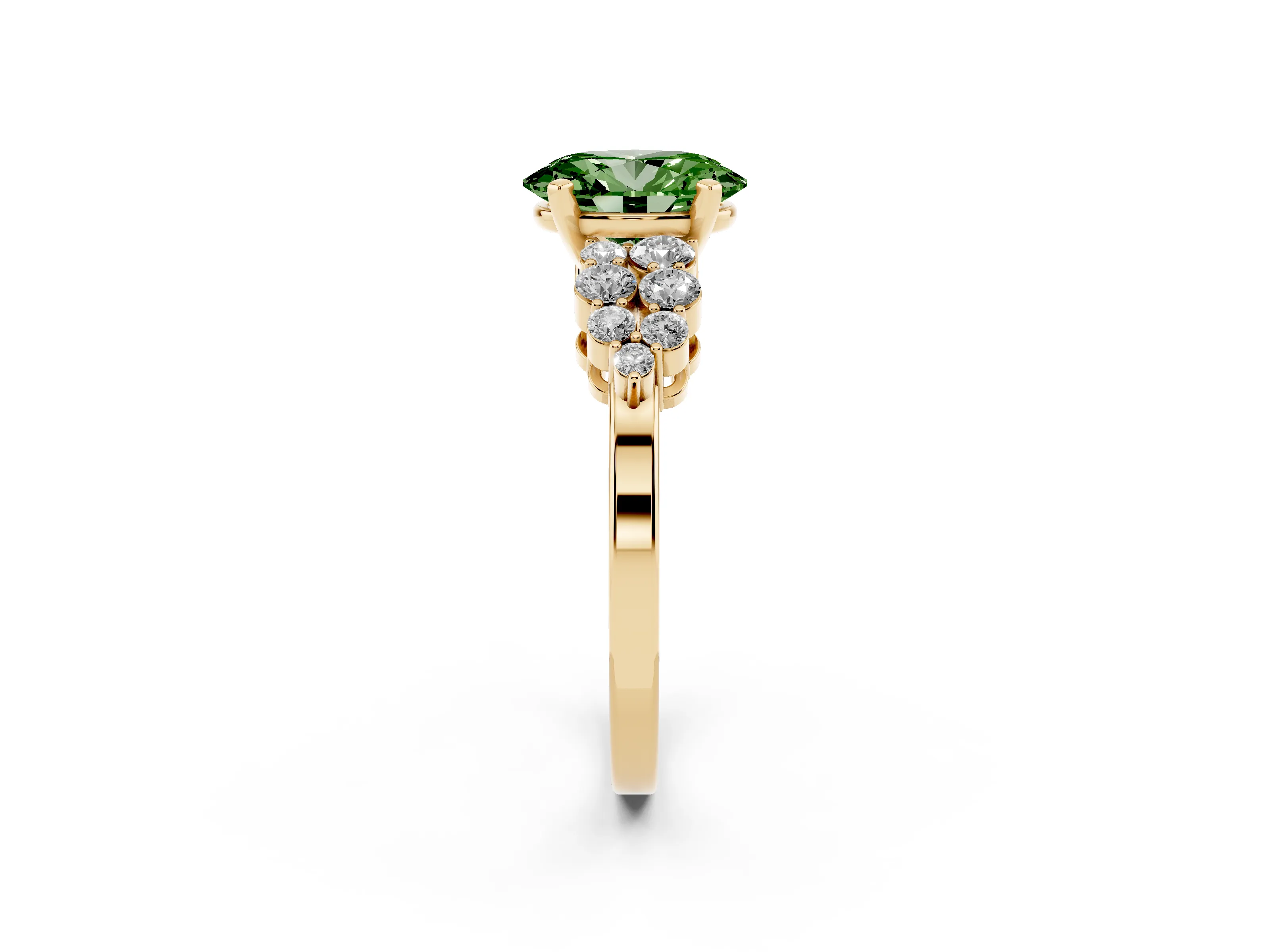 Fancy Green Oval Cut Diamond Cluster Engagement Ring Set in Yellow gold with Pavé Band and Prong Setting