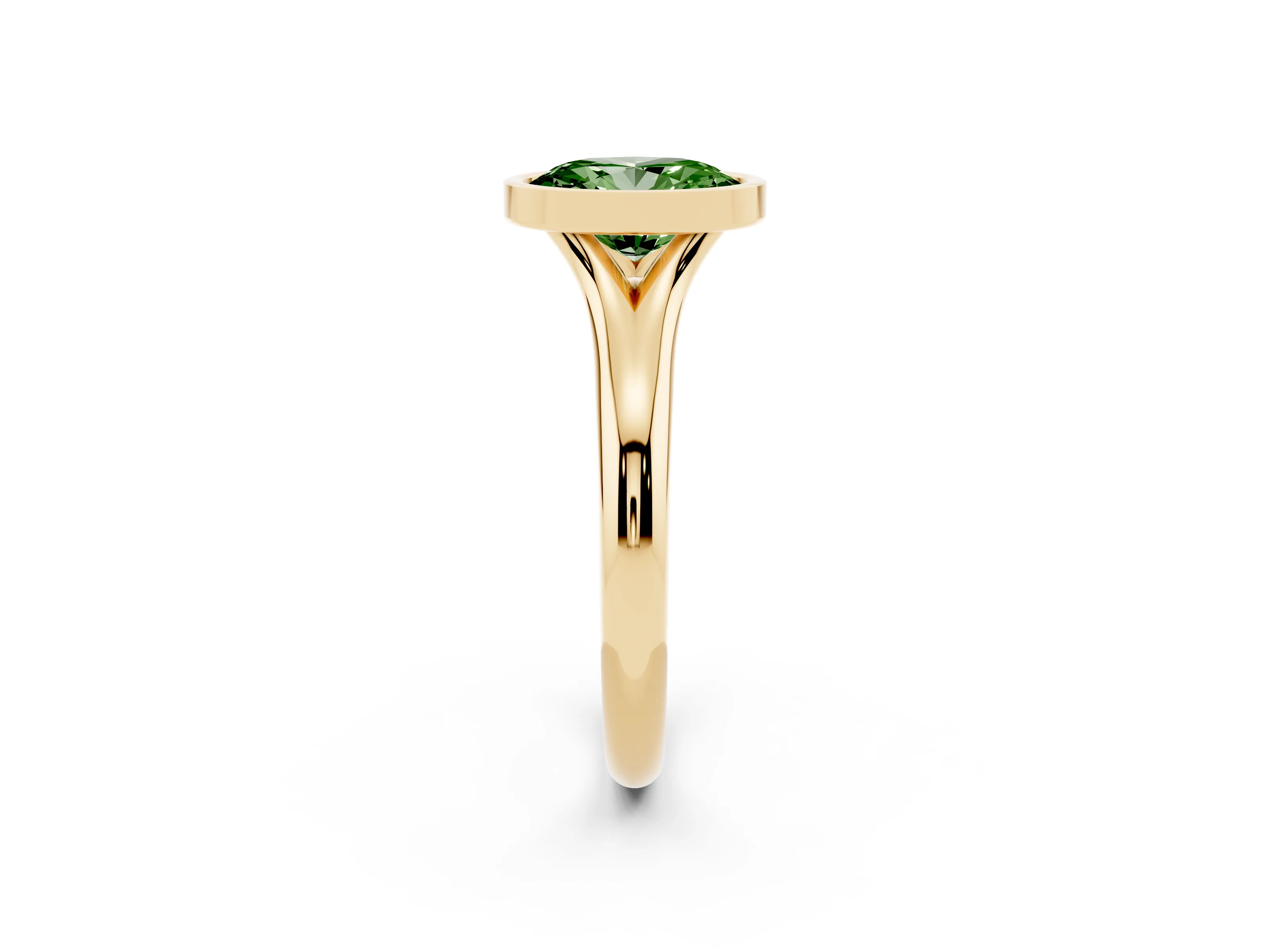 Fancy Green Bezel Set Oval Cut Diamond Solitaire Ring Set in Yellow gold with Smooth Band